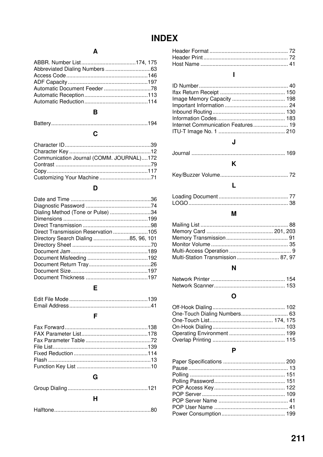 Panasonic DX-2000 197, 113, Communication Journal COMM. JOURNAL....172, 117, 199, 85, 96, 150, 198, 210, 201, 154, 153 