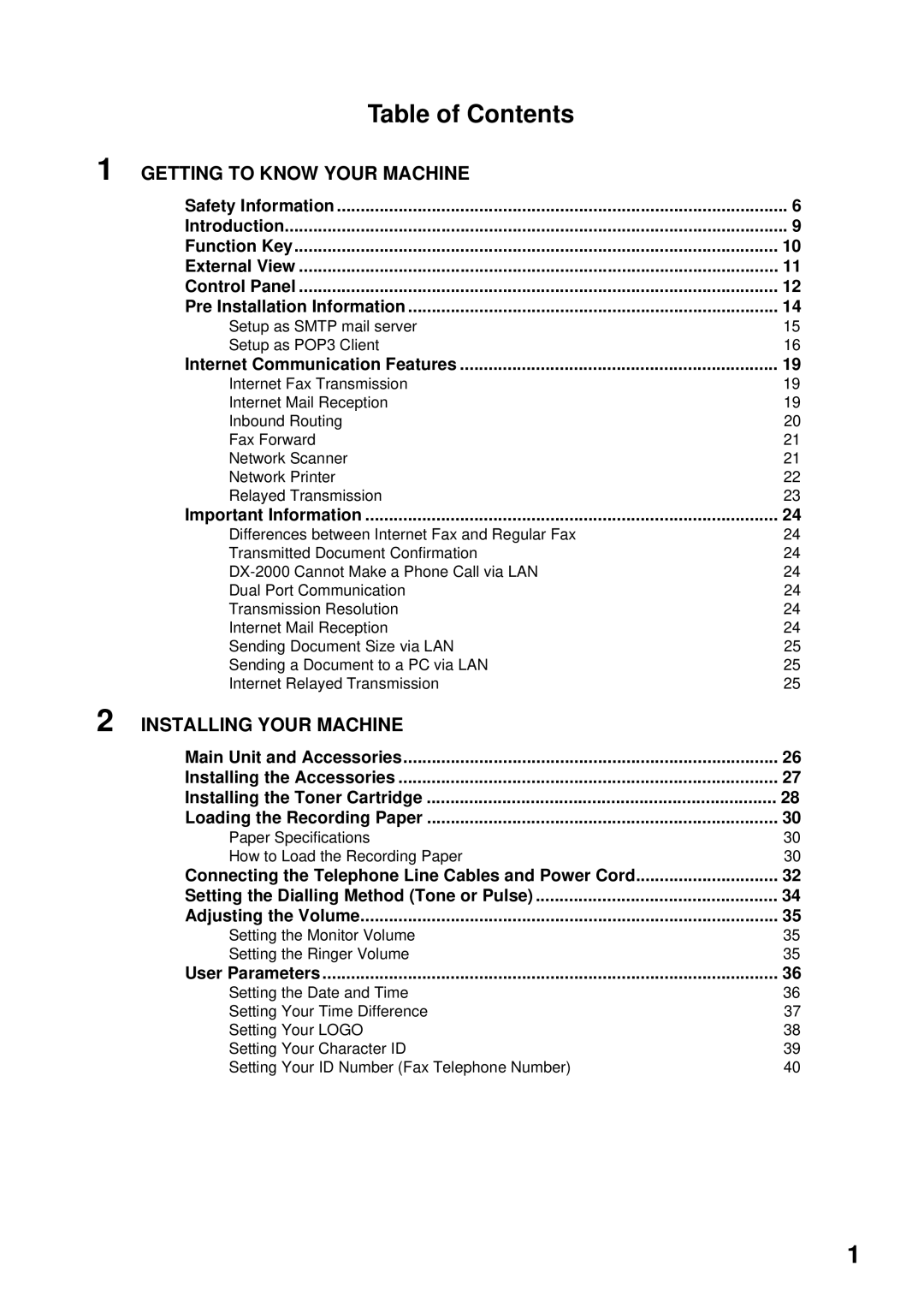 Panasonic DX-2000 manual Table of Contents 