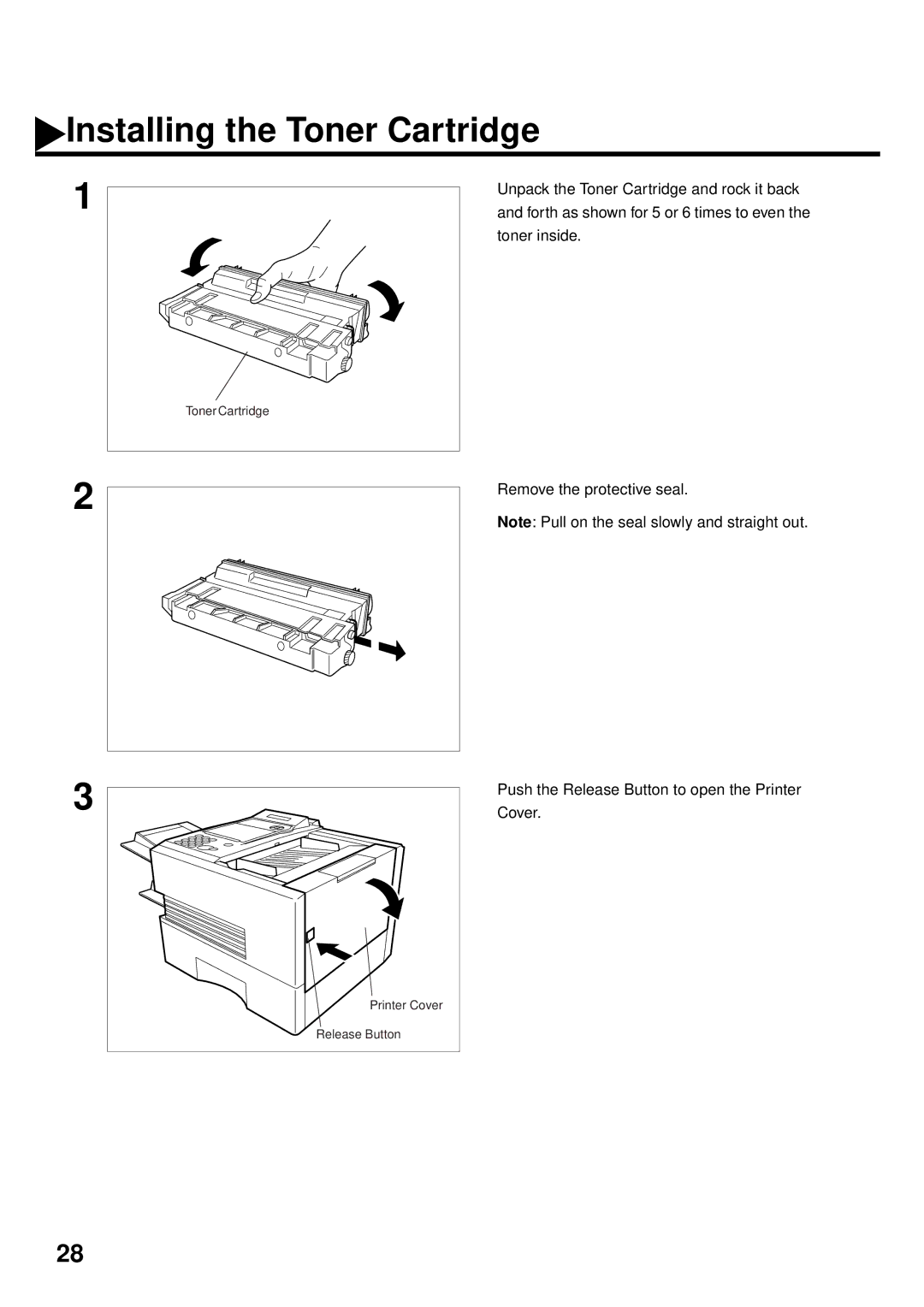 Panasonic DX-2000 manual Installing the Toner Cartridge, Push the Release Button to open the Printer Cover 