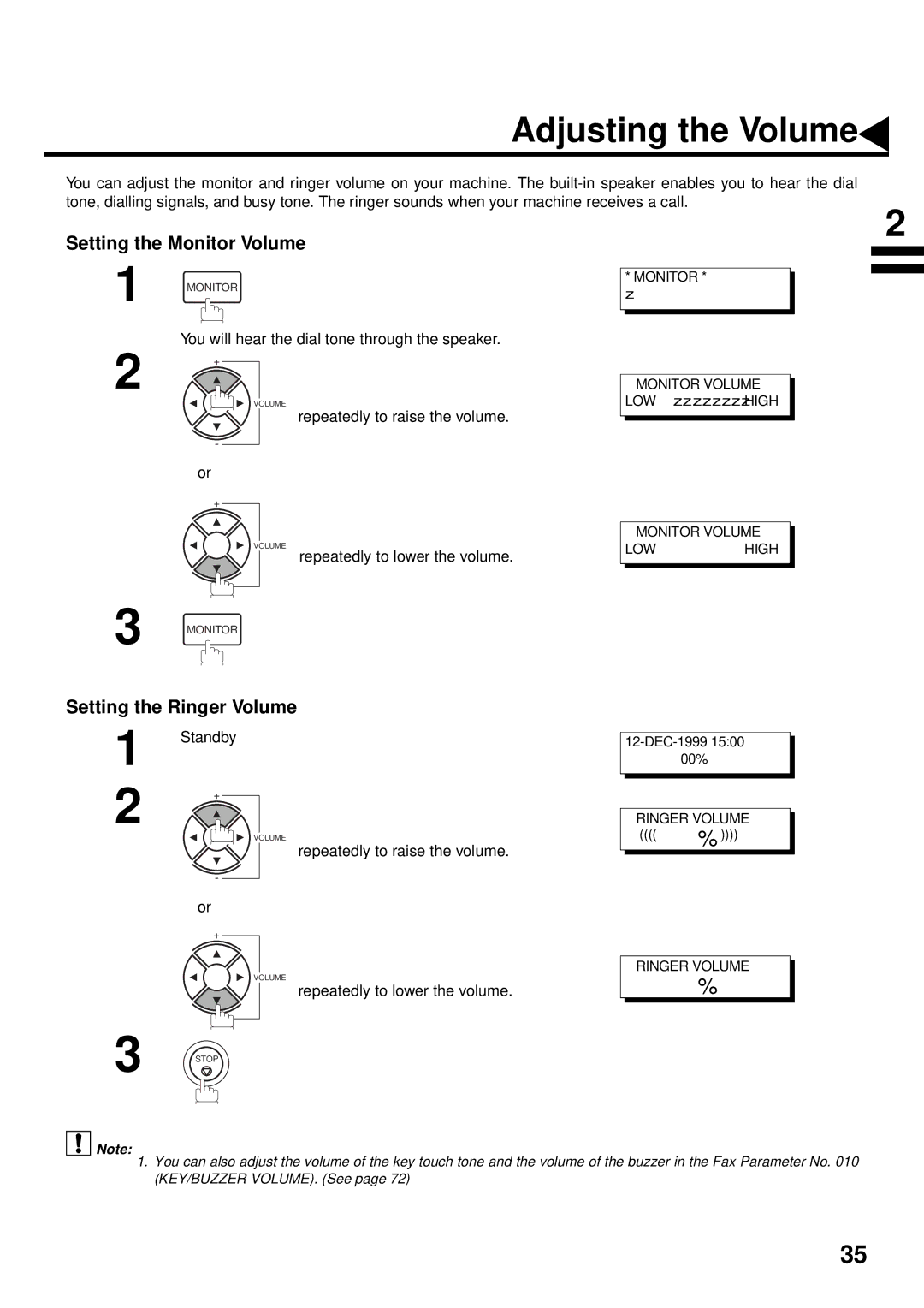 Panasonic DX-2000 manual Adjusting the Volume, Setting the Monitor Volume, Setting the Ringer Volume 