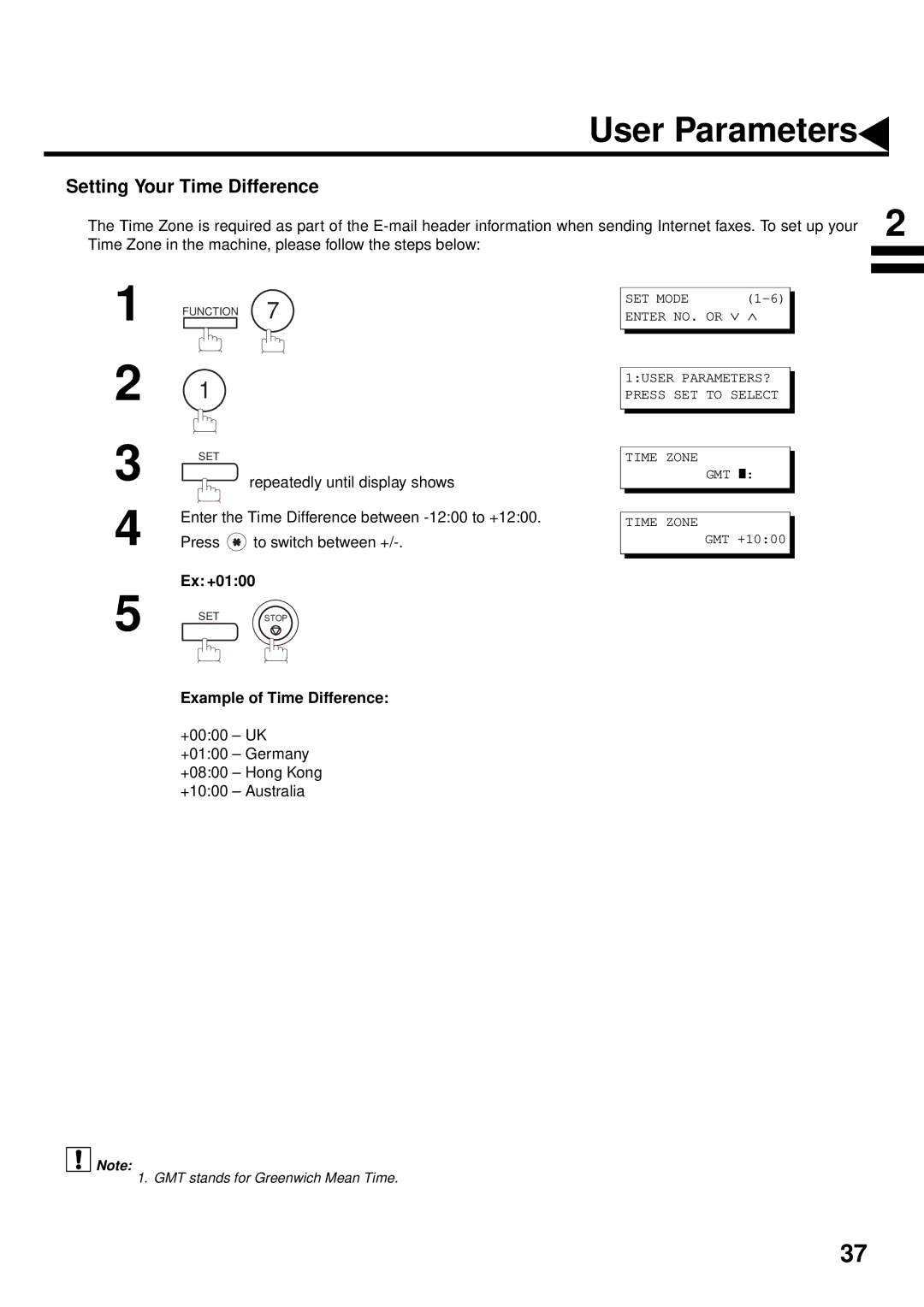 Panasonic DX-2000 manual Setting Your Time Difference, Ex +0100, Example of Time Difference 