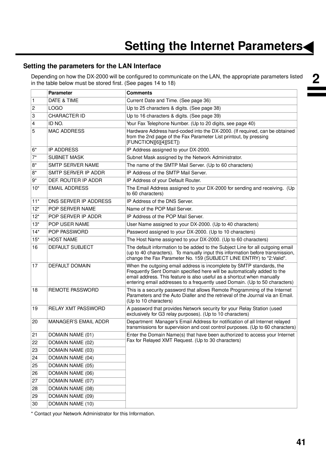 Panasonic DX-2000 manual Setting the Internet Parameters, Setting the parameters for the LAN Interface 