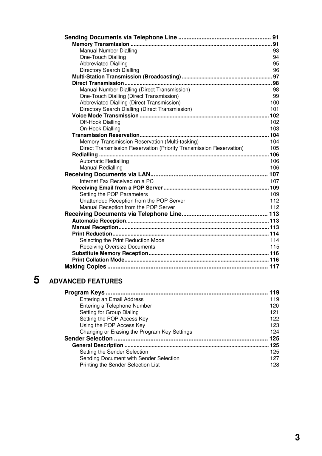 Panasonic DX-2000 manual Sending Documents via Telephone Line, 102, 104, 106, 109, 113, 114, 116, 125 