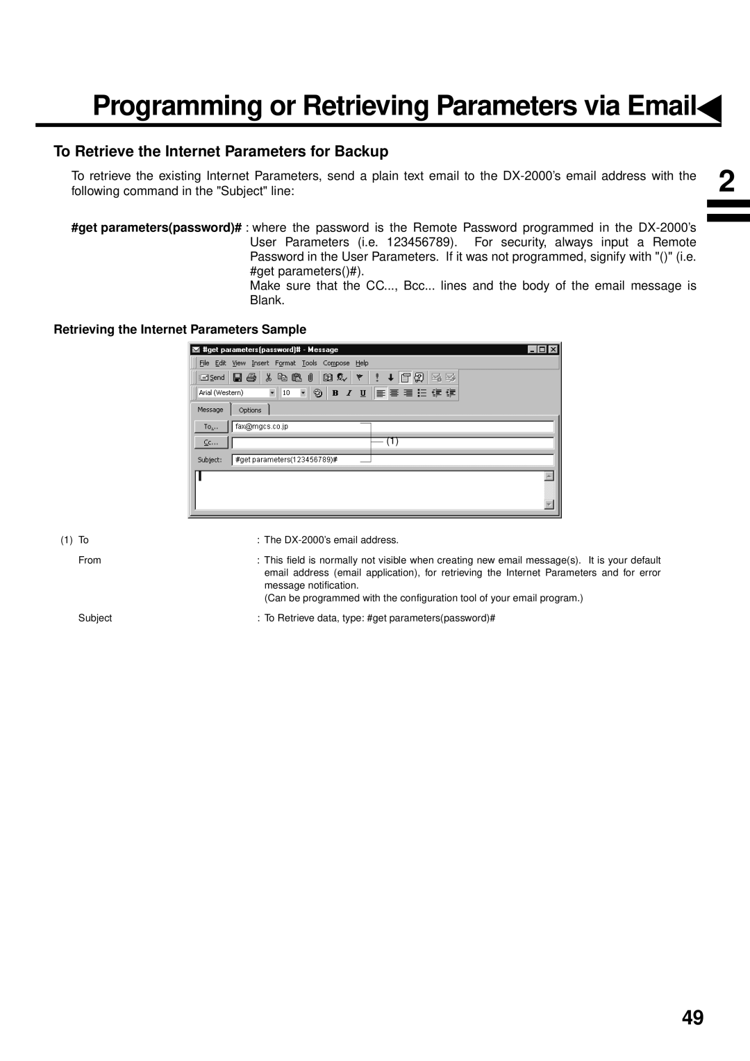 Panasonic DX-2000 manual To Retrieve the Internet Parameters for Backup, Retrieving the Internet Parameters Sample 