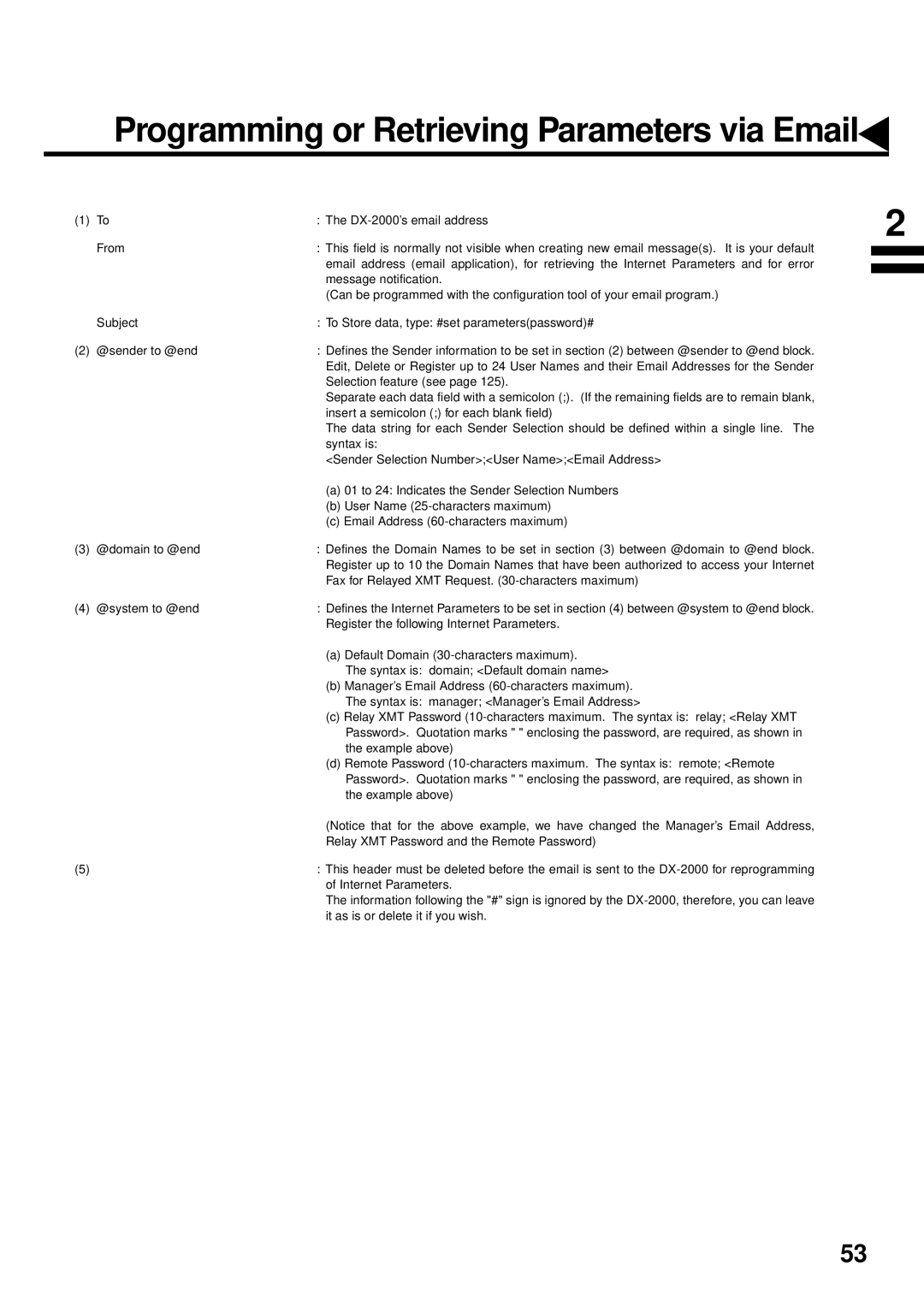 Panasonic DX-2000 manual Programming or Retrieving Parameters via Email 