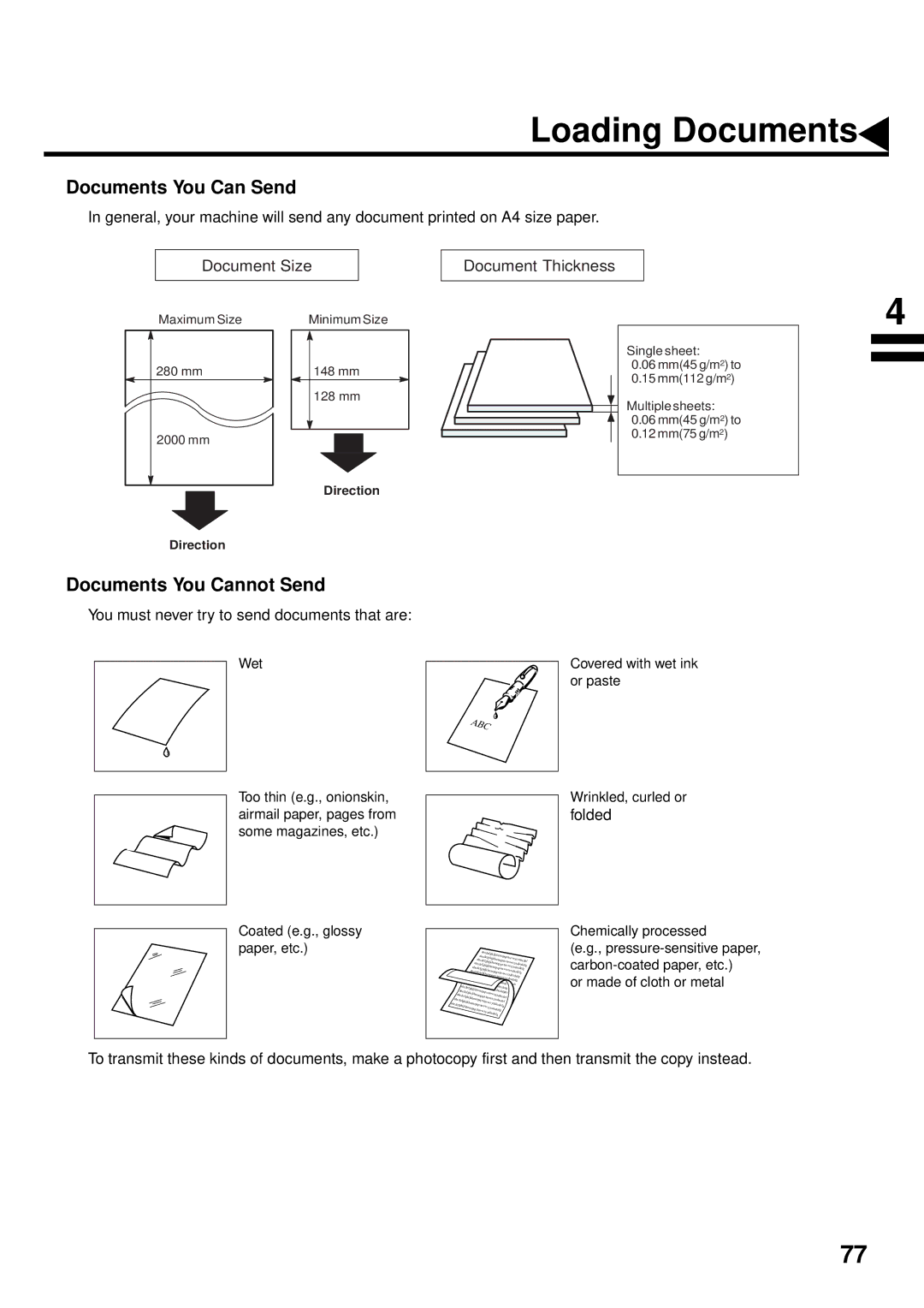 Panasonic DX-2000 manual Loading Documents, Documents You Can Send, Documents You Cannot Send, Folded 