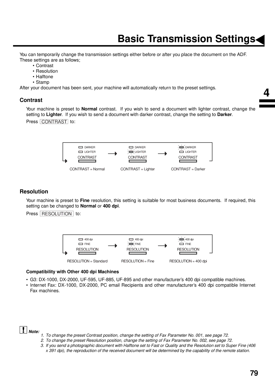 Panasonic DX-2000 manual Basic Transmission Settings, Contrast, Resolution, Compatibility with Other 400 dpi Machines 