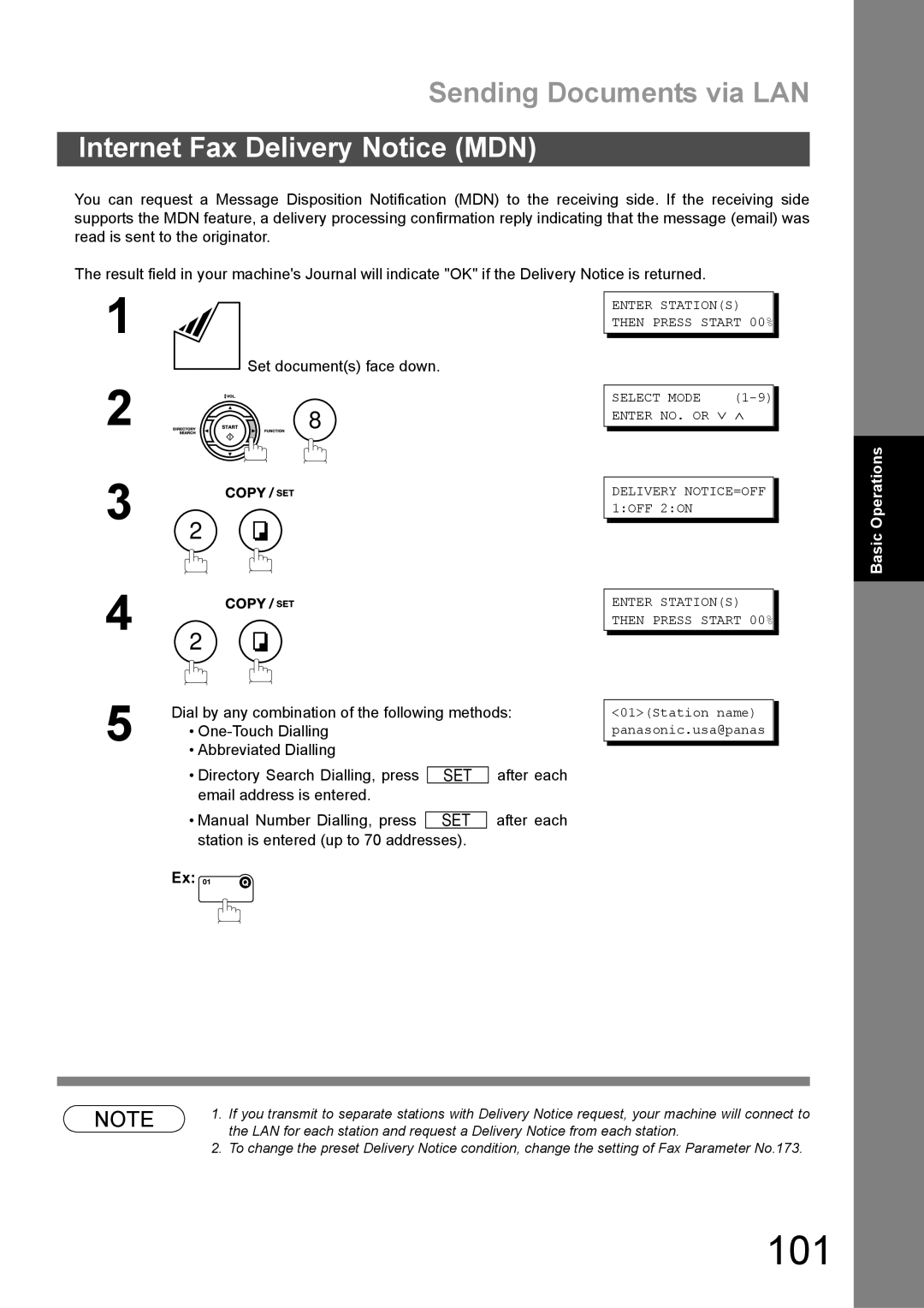 Panasonic DX-600 appendix 101, Internet Fax Delivery Notice MDN, Station is entered up to 70 addresses 