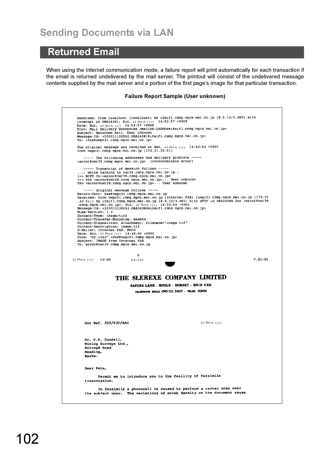 Panasonic DX-600 appendix 102, Returned Email, Failure Report Sample User unknown 