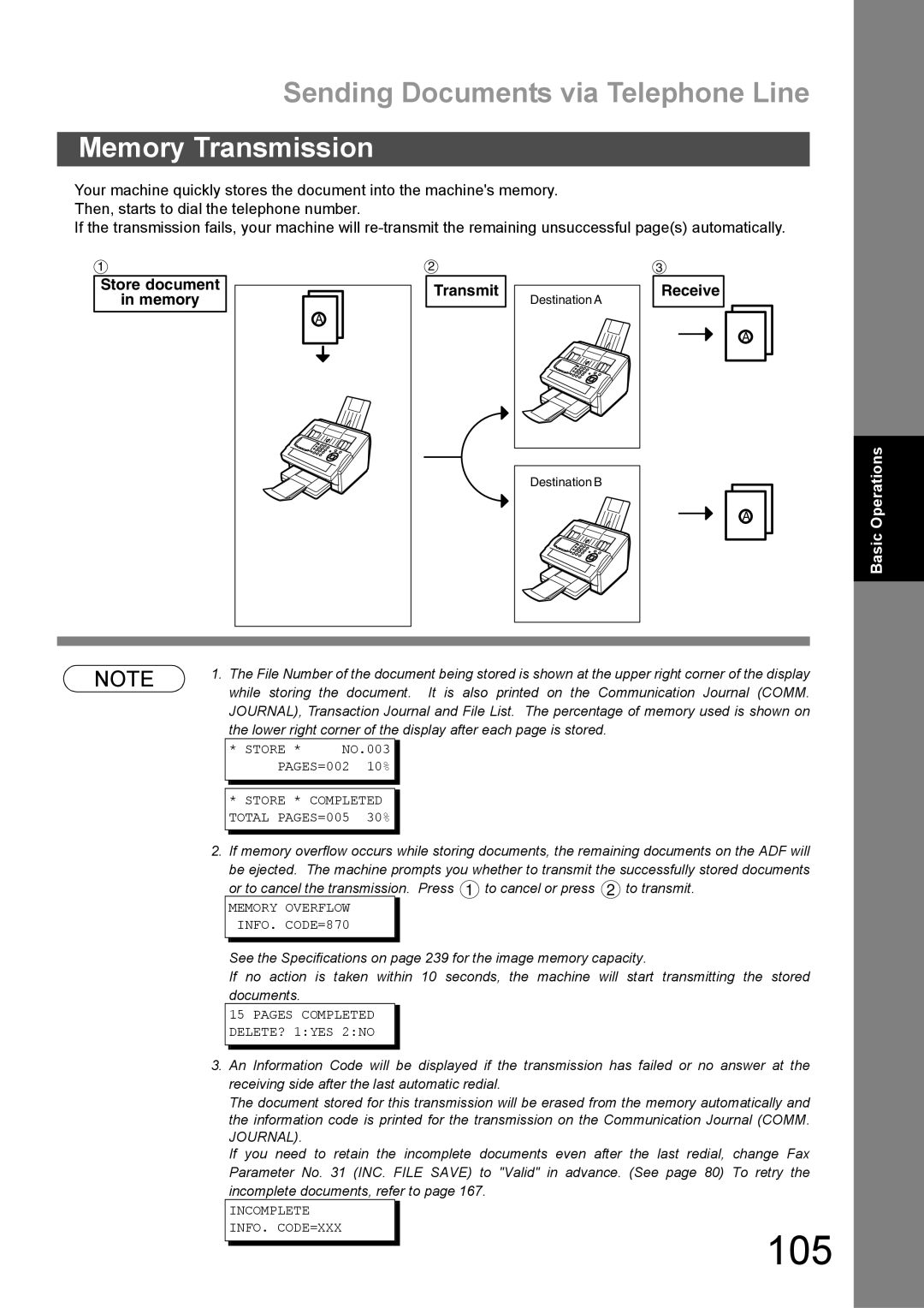 Panasonic DX-600 appendix 105, Sending Documents via Telephone Line, Memory Transmission 