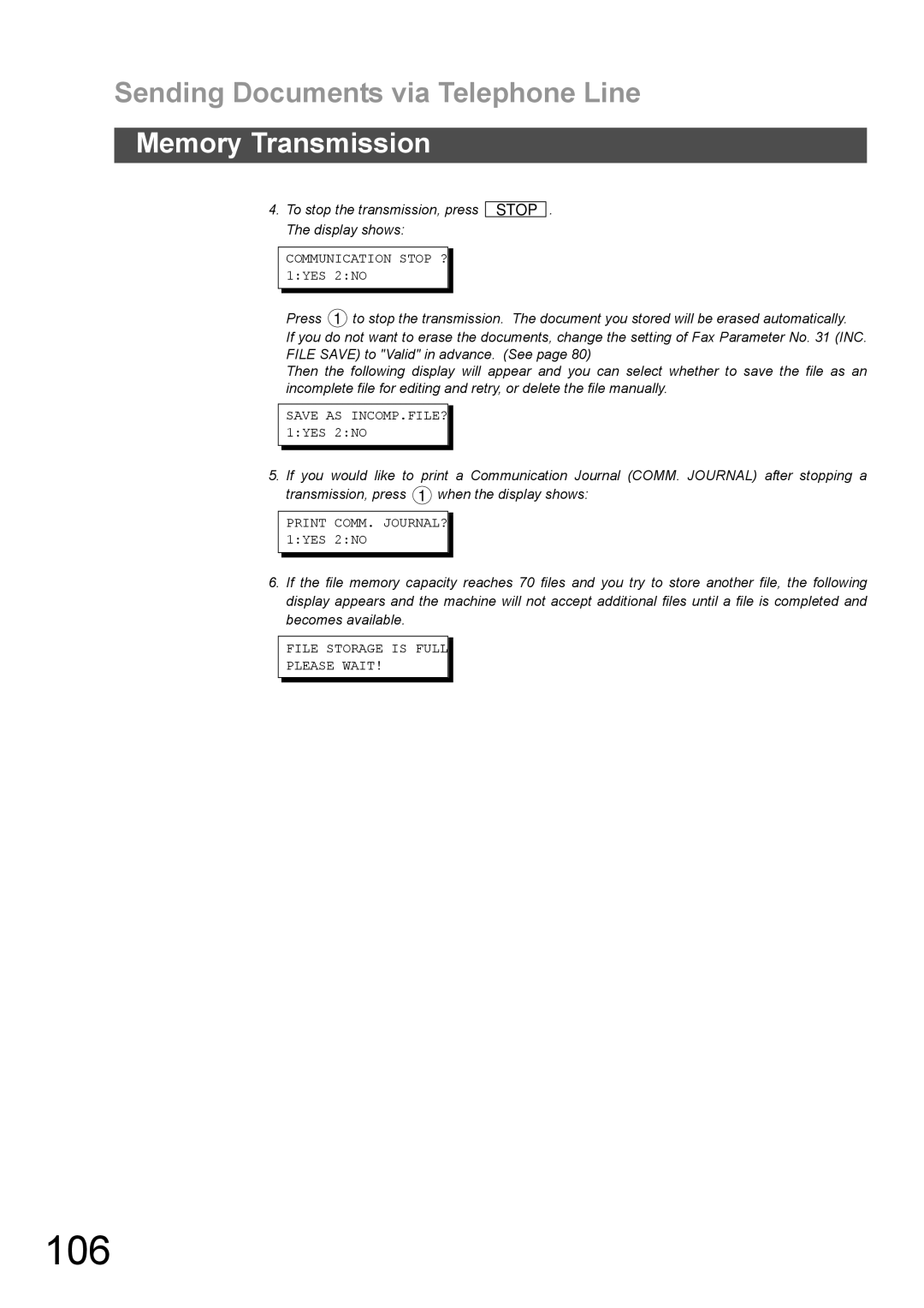 Panasonic DX-600 appendix 106, Sending Documents via Telephone Line Memory Transmission 