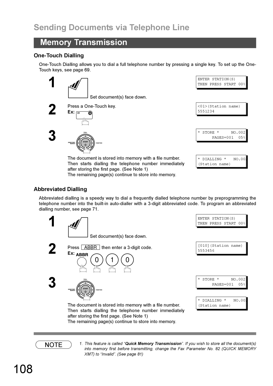 Panasonic DX-600 appendix 108, One-Touch Dialling, Abbreviated Dialling 