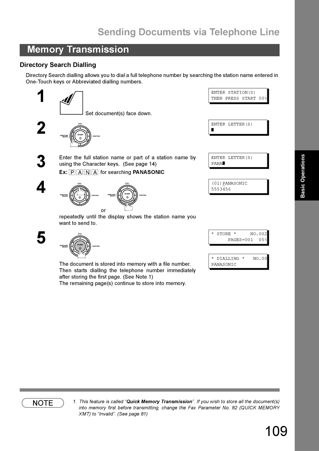 Panasonic DX-600 appendix 109, Directory Search Dialling, Enter the full station name or part of a station name by 