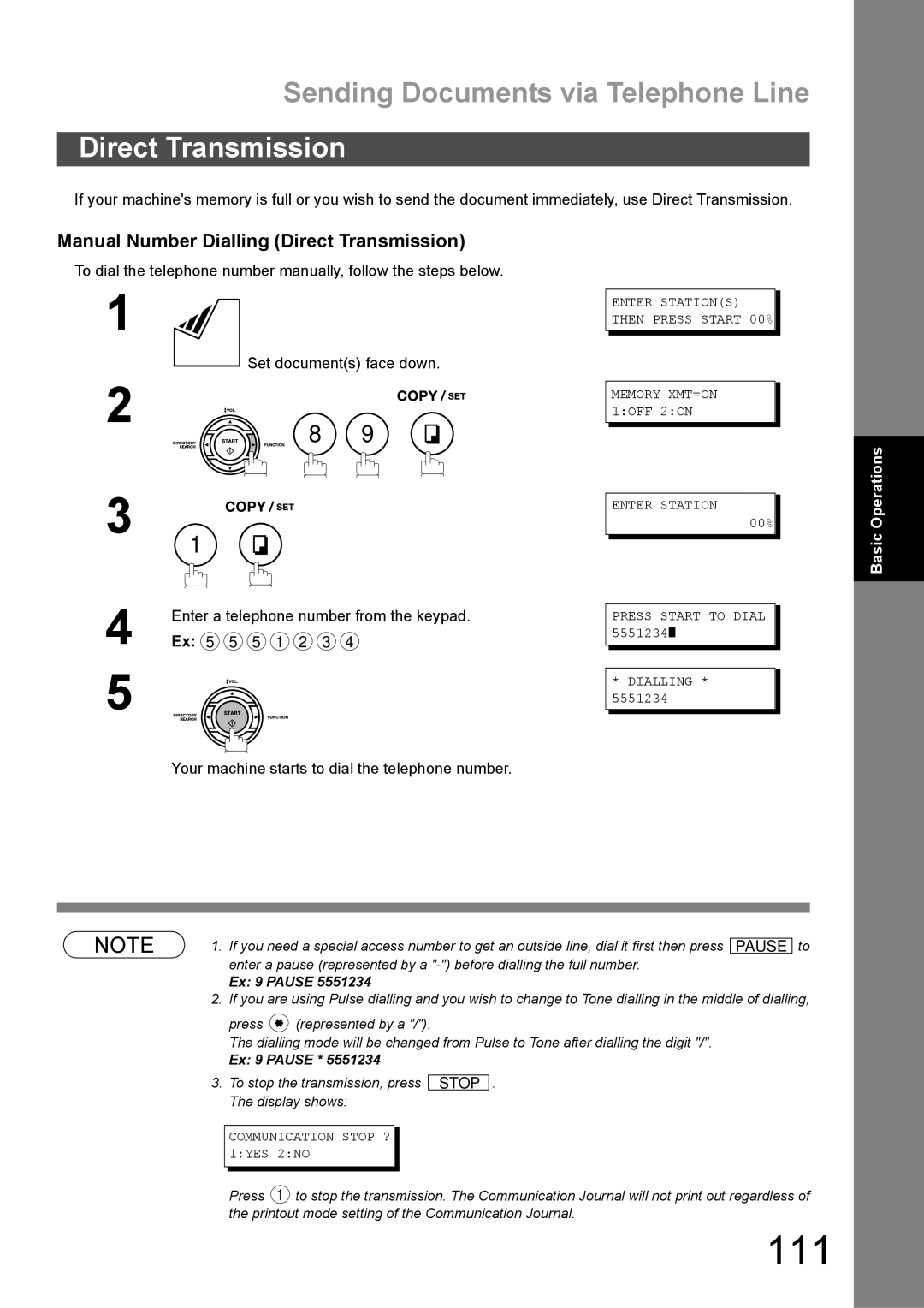 Panasonic DX-600 appendix 111, Manual Number Dialling Direct Transmission 