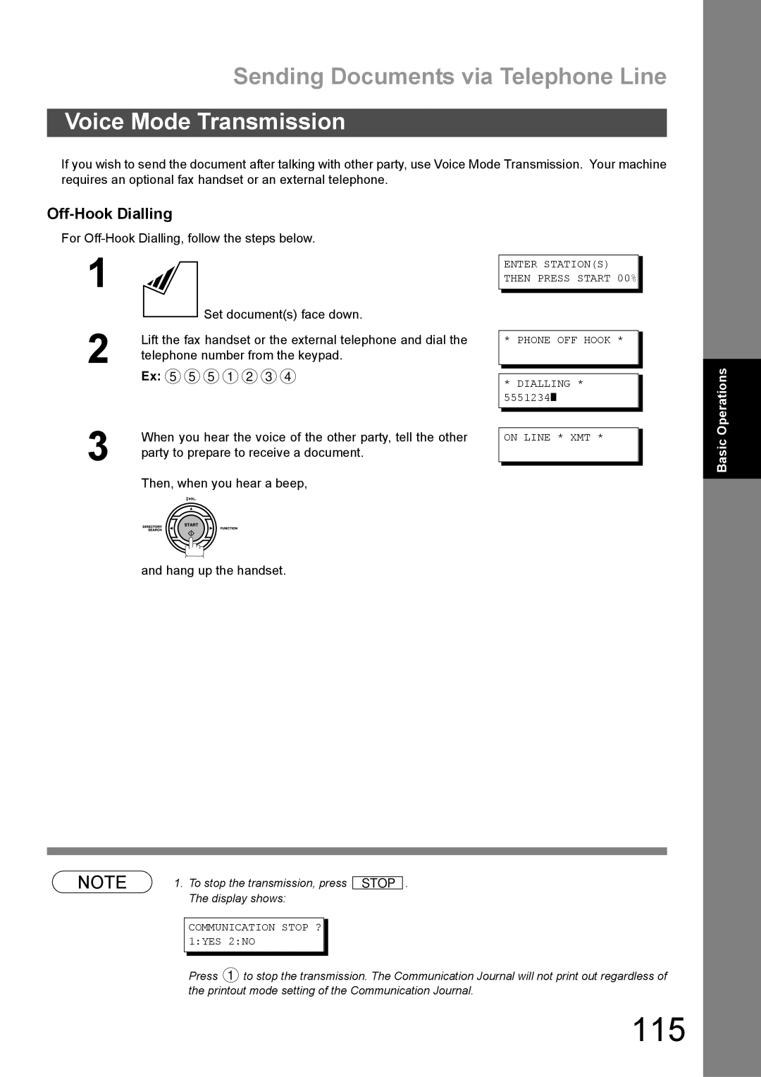 Panasonic DX-600 appendix 115, Voice Mode Transmission, Off-Hook Dialling, Hang up the handset 