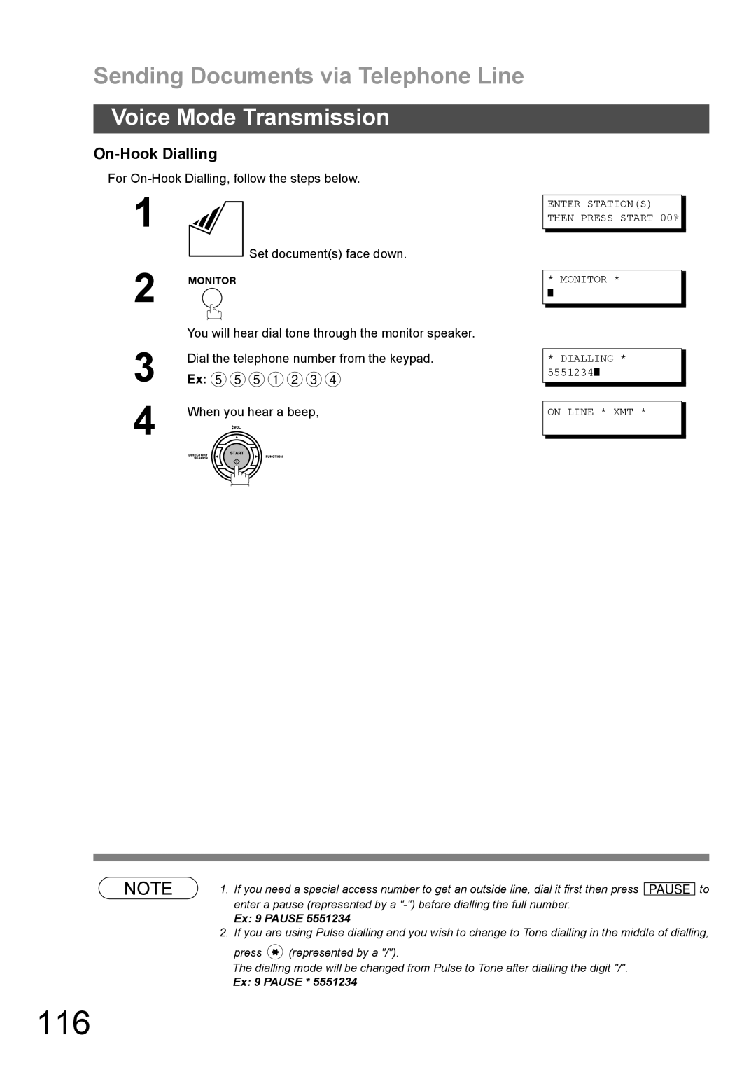 Panasonic DX-600 appendix 116, On-Hook Dialling, Enter Stations then Press Start 00% Monitor 