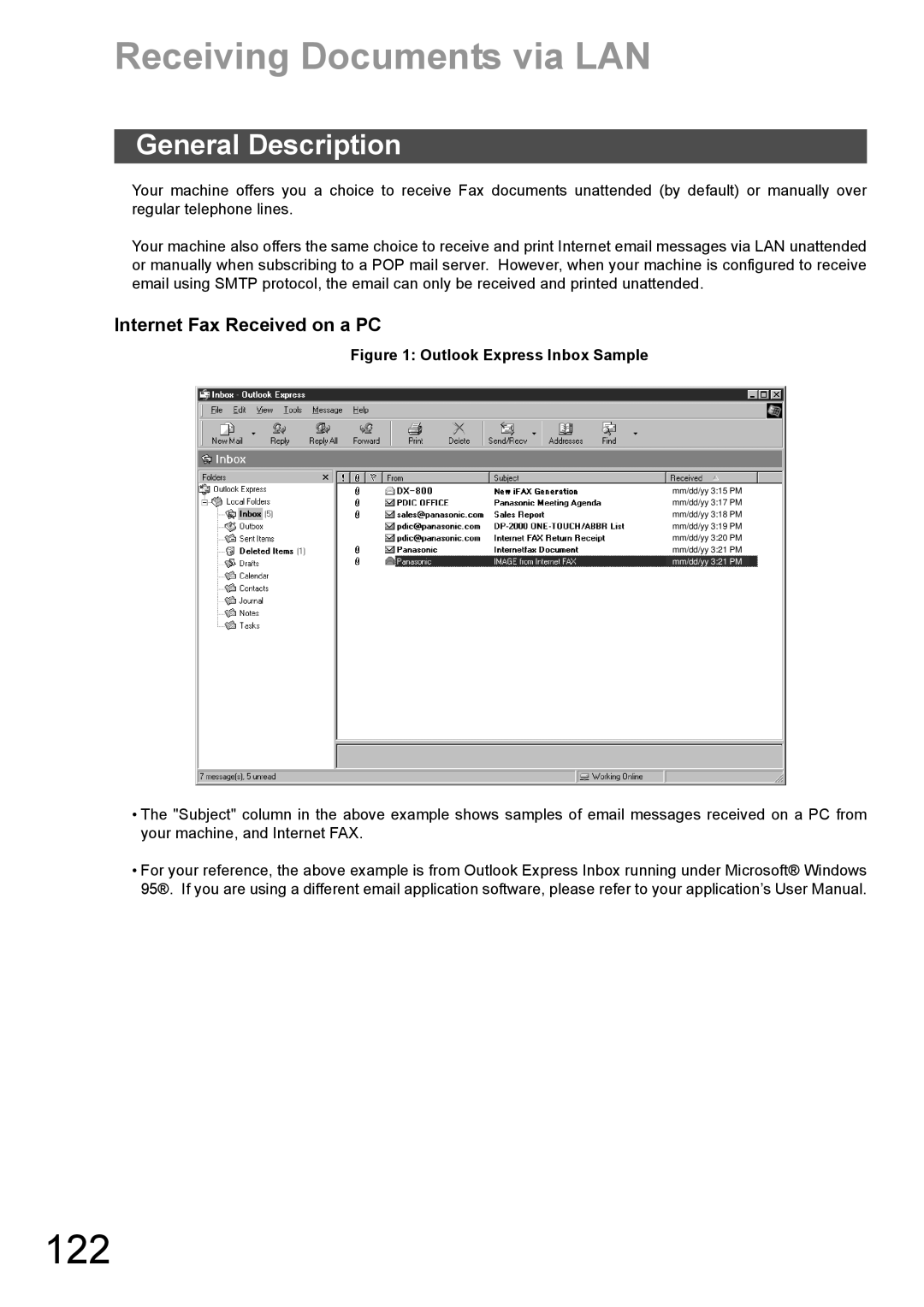 Panasonic DX-600 appendix 122, Receiving Documents via LAN, Internet Fax Received on a PC 