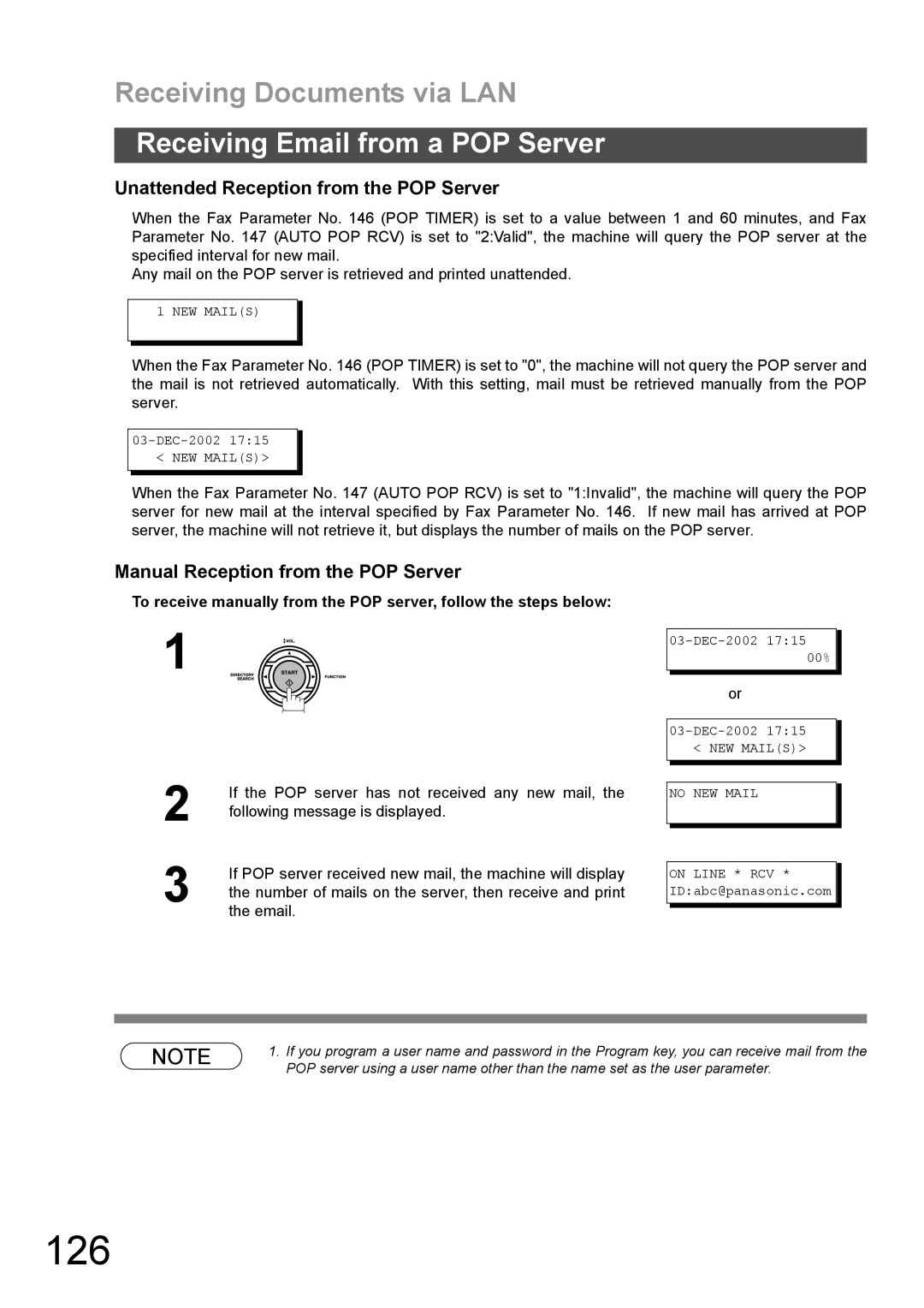 Panasonic DX-600 appendix 126, Unattended Reception from the POP Server, Manual Reception from the POP Server 