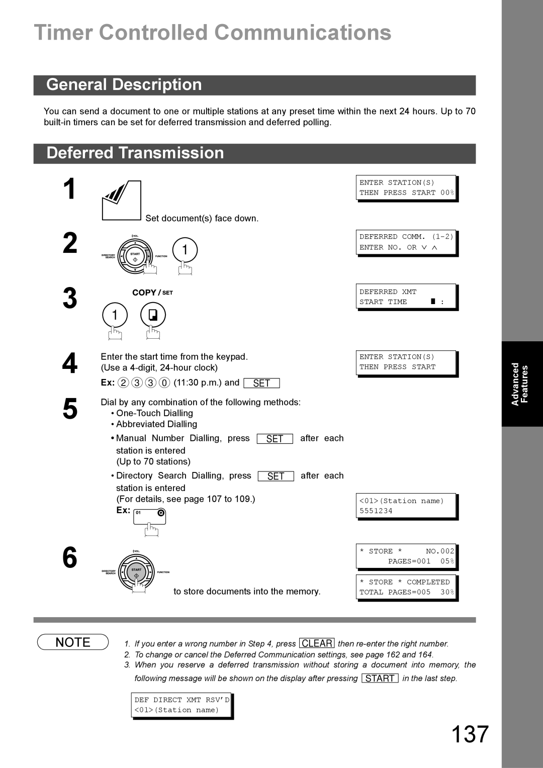 Panasonic DX-600 appendix 137, Timer Controlled Communications, Deferred Transmission, To store documents into the memory 