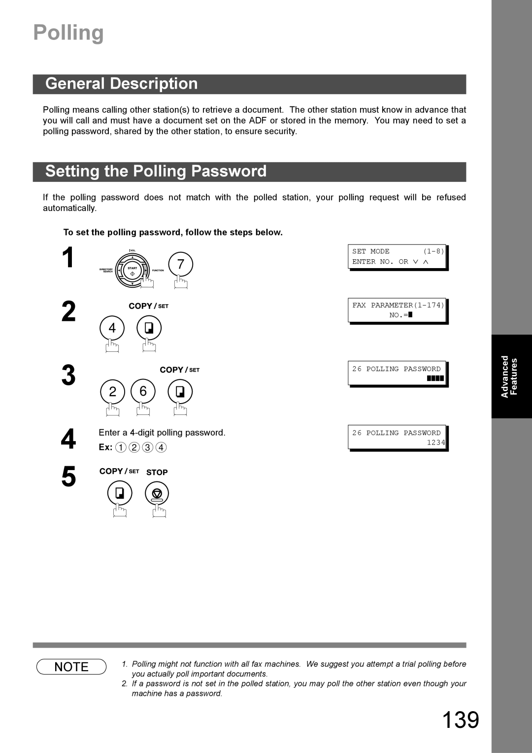 Panasonic DX-600 appendix 139, Setting the Polling Password 