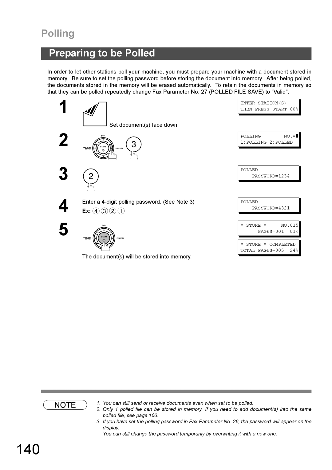 Panasonic DX-600 appendix 140, Polling, Preparing to be Polled, Store * Completed Total PAGES=005 24% 