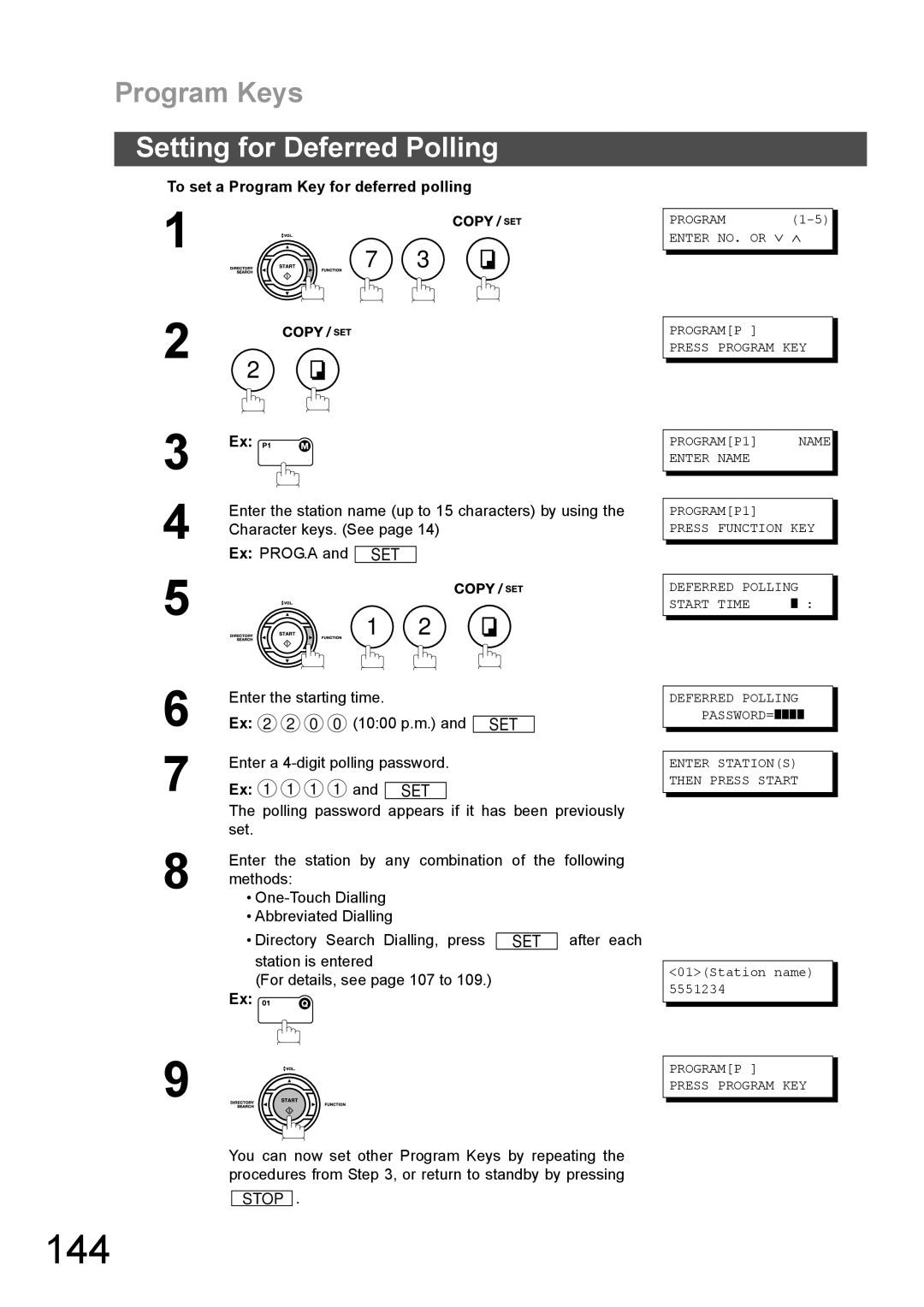 Panasonic DX-600 appendix 144, Setting for Deferred Polling, To set a Program Key for deferred polling, Ex PROG.A 