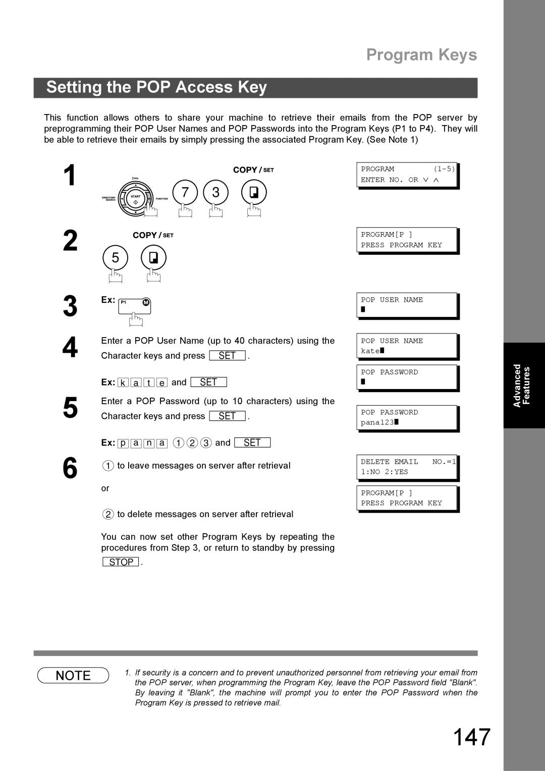 Panasonic DX-600 147, Setting the POP Access Key, POP Password, Delete Email NO.=1 1NO 2YES Programp Press Program KEY 