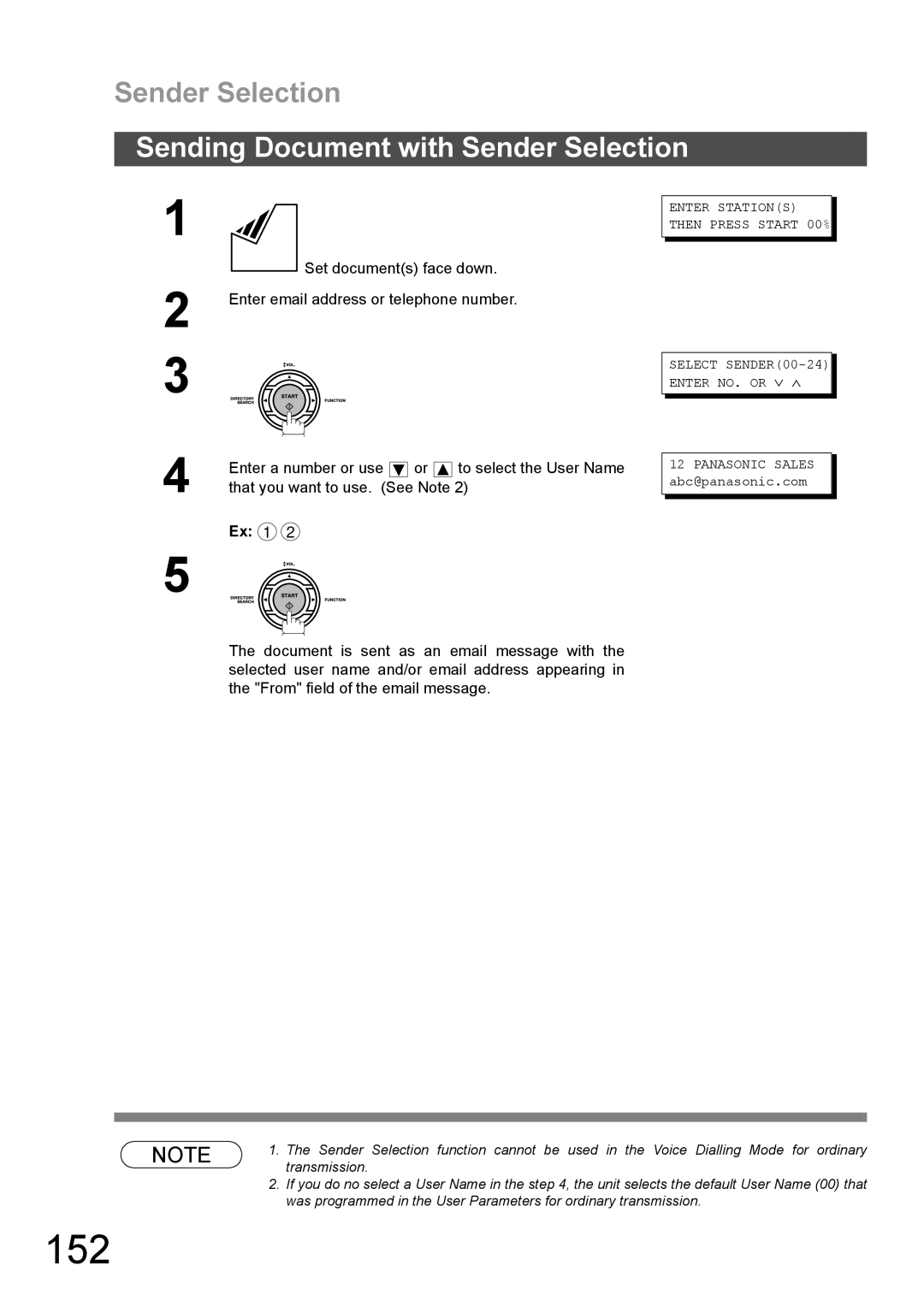 Panasonic DX-600 appendix 152, Sending Document with Sender Selection, Enter email address or telephone number 