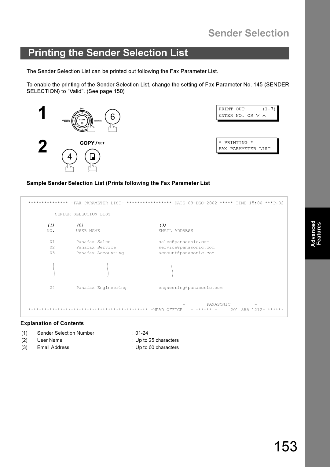 Panasonic DX-600 appendix 153, Printing the Sender Selection List, Printing FAX Parameter List 