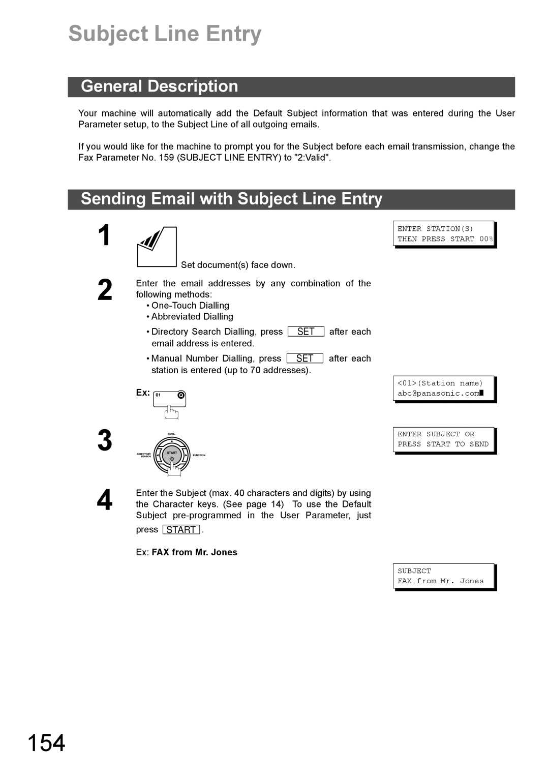 Panasonic DX-600 appendix 154, Sending Email with Subject Line Entry, Ex FAX from Mr. Jones 