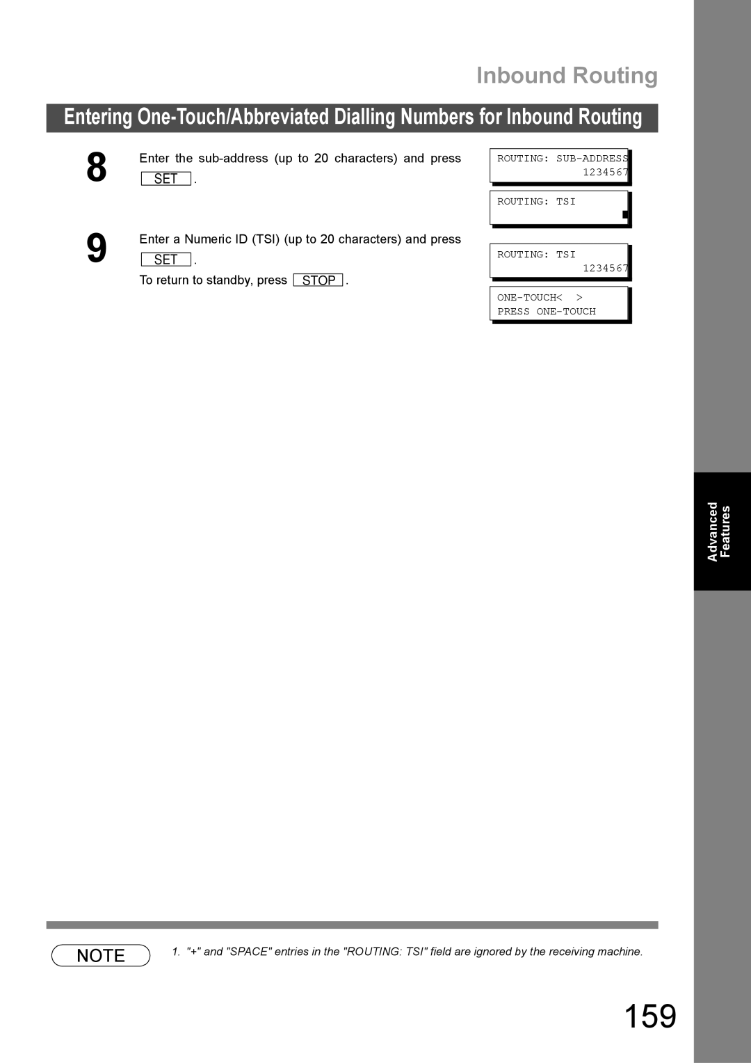 Panasonic DX-600 appendix 159, Enter the sub-address up to 20 characters and press, Routing SUB-ADDRESS Routing TSI 