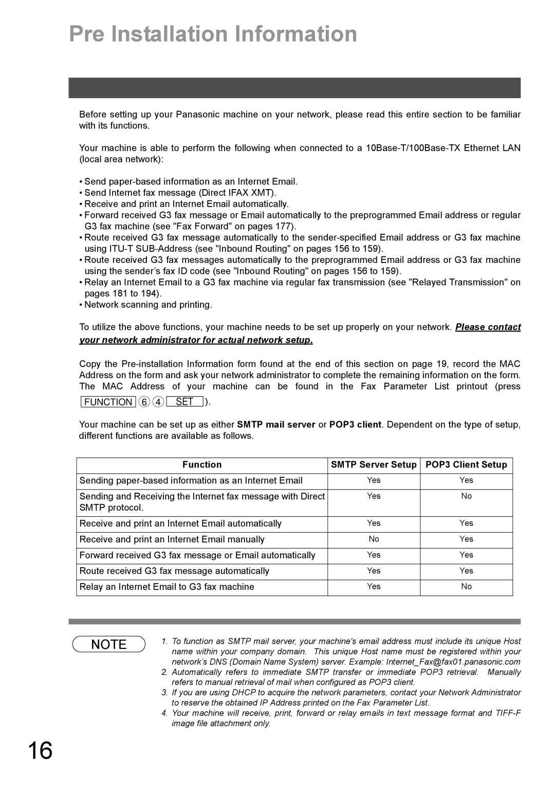 Panasonic DX-600 appendix Pre Installation Information, Function Smtp Server Setup POP3 Client Setup 