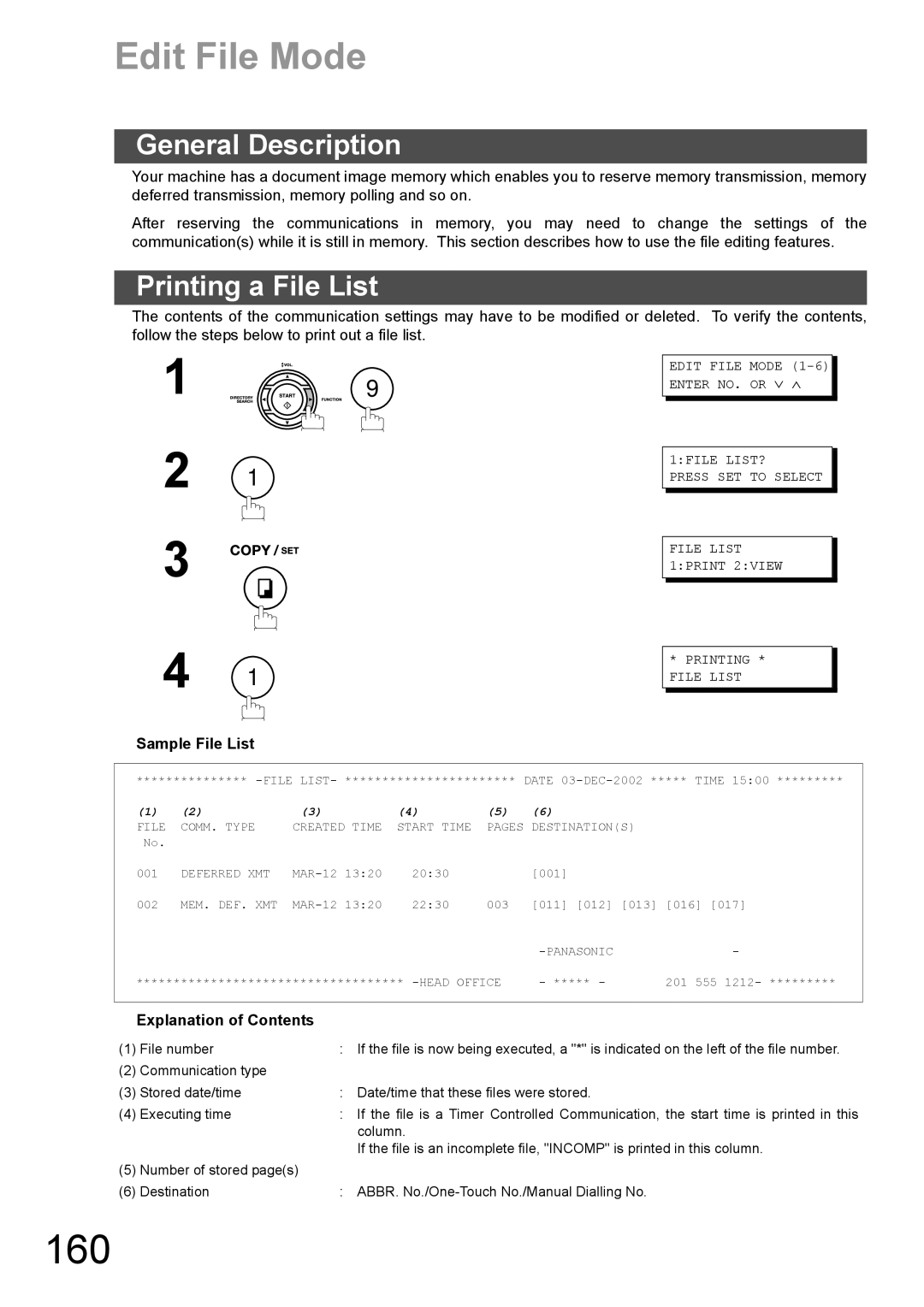 Panasonic DX-600 appendix 160, Edit File Mode, Printing a File List, Sample File List 