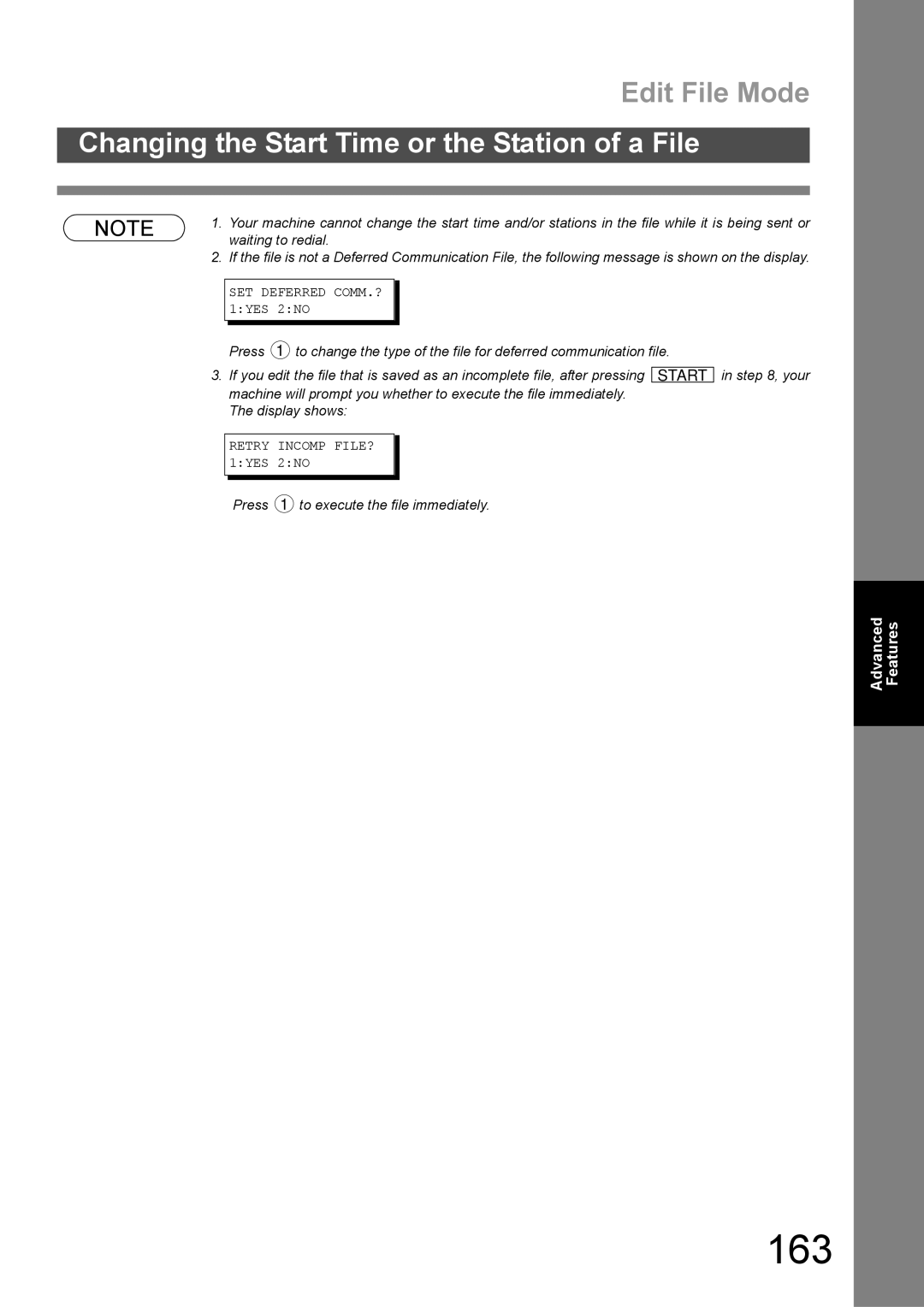 Panasonic DX-600 appendix 163, SET Deferred COMM.? 1YES 2NO, Retry Incomp FILE? 1YES 2NO 