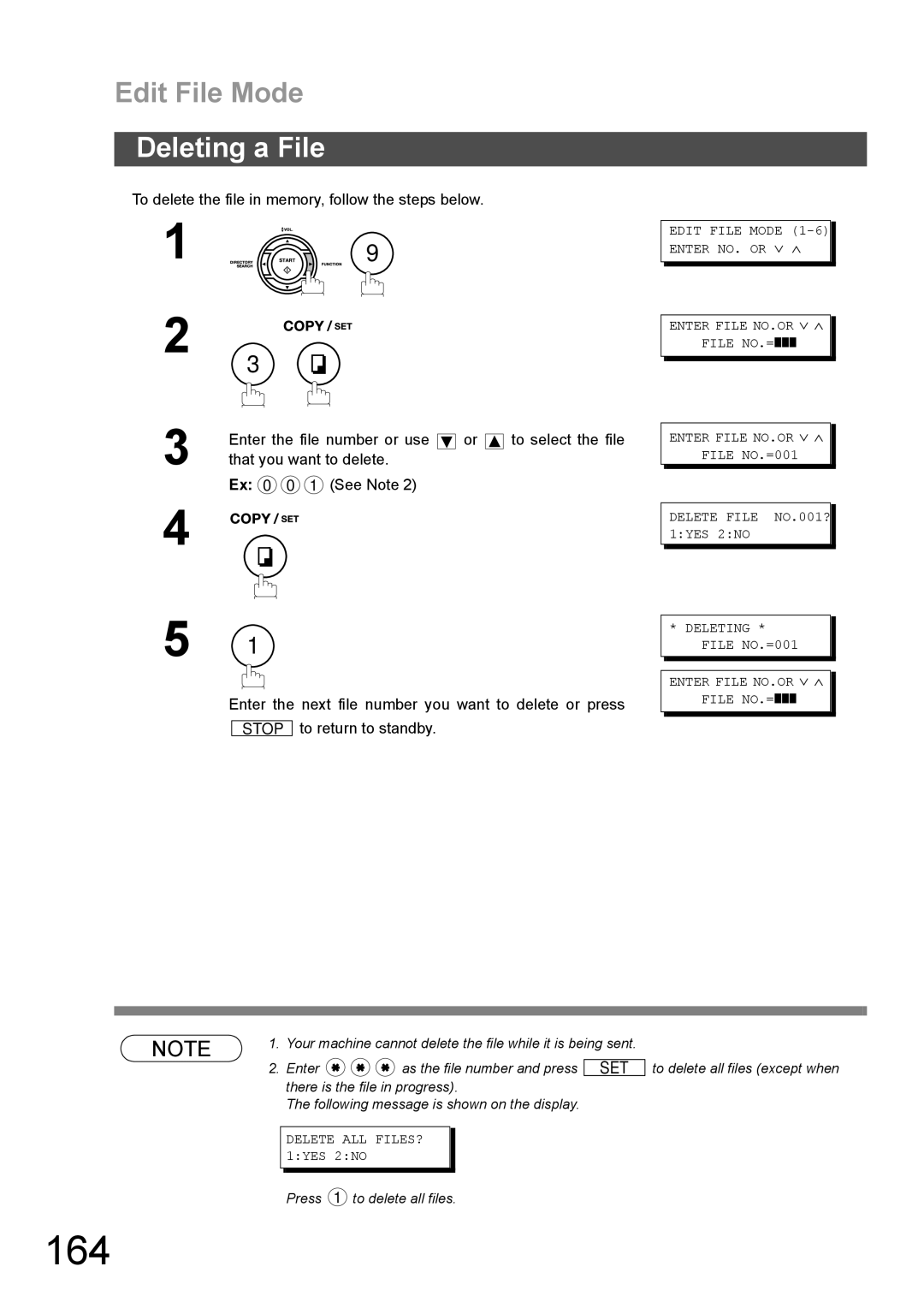 Panasonic DX-600 appendix 164, Deleting a File, Delete ALL FILES? 1YES 2NO 