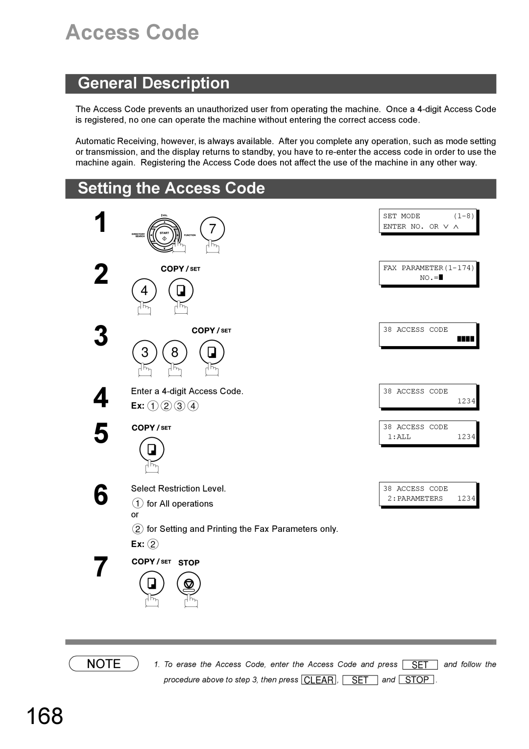 Panasonic DX-600 appendix 168, Setting the Access Code, Enter a 4-digit Access Code 