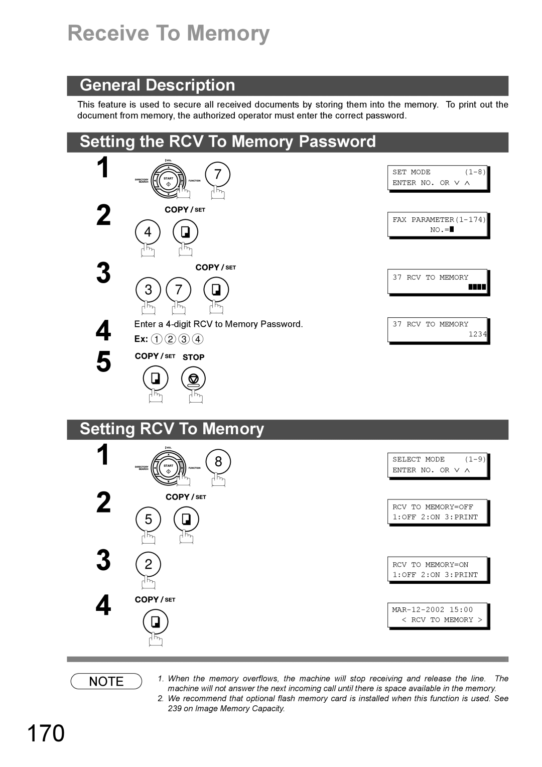 Panasonic DX-600 appendix 170, Receive To Memory, Setting the RCV To Memory Password, Setting RCV To Memory 