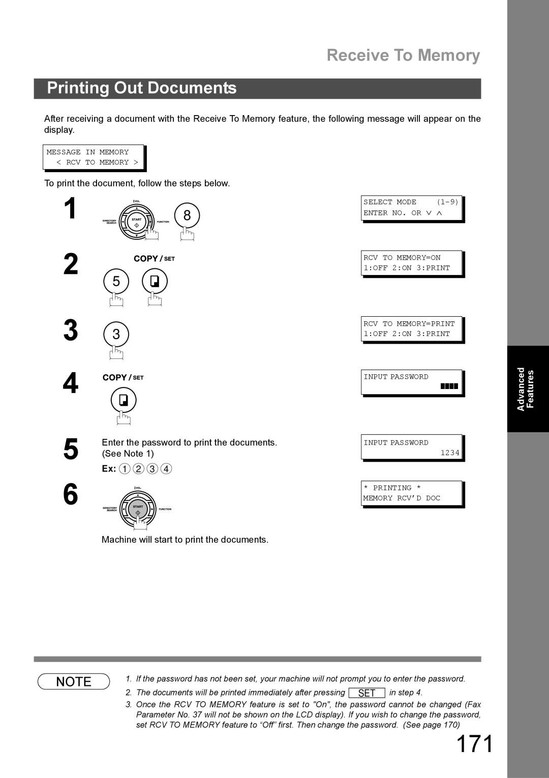 Panasonic DX-600 appendix 171, Receive To Memory, Printing Out Documents, Machine will start to print the documents 