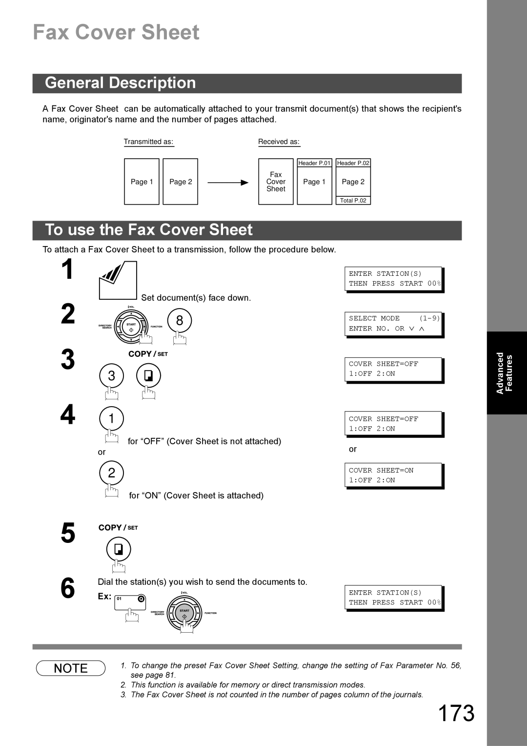 Panasonic DX-600 appendix 173, To use the Fax Cover Sheet, Dial the stations you wish to send the documents to 