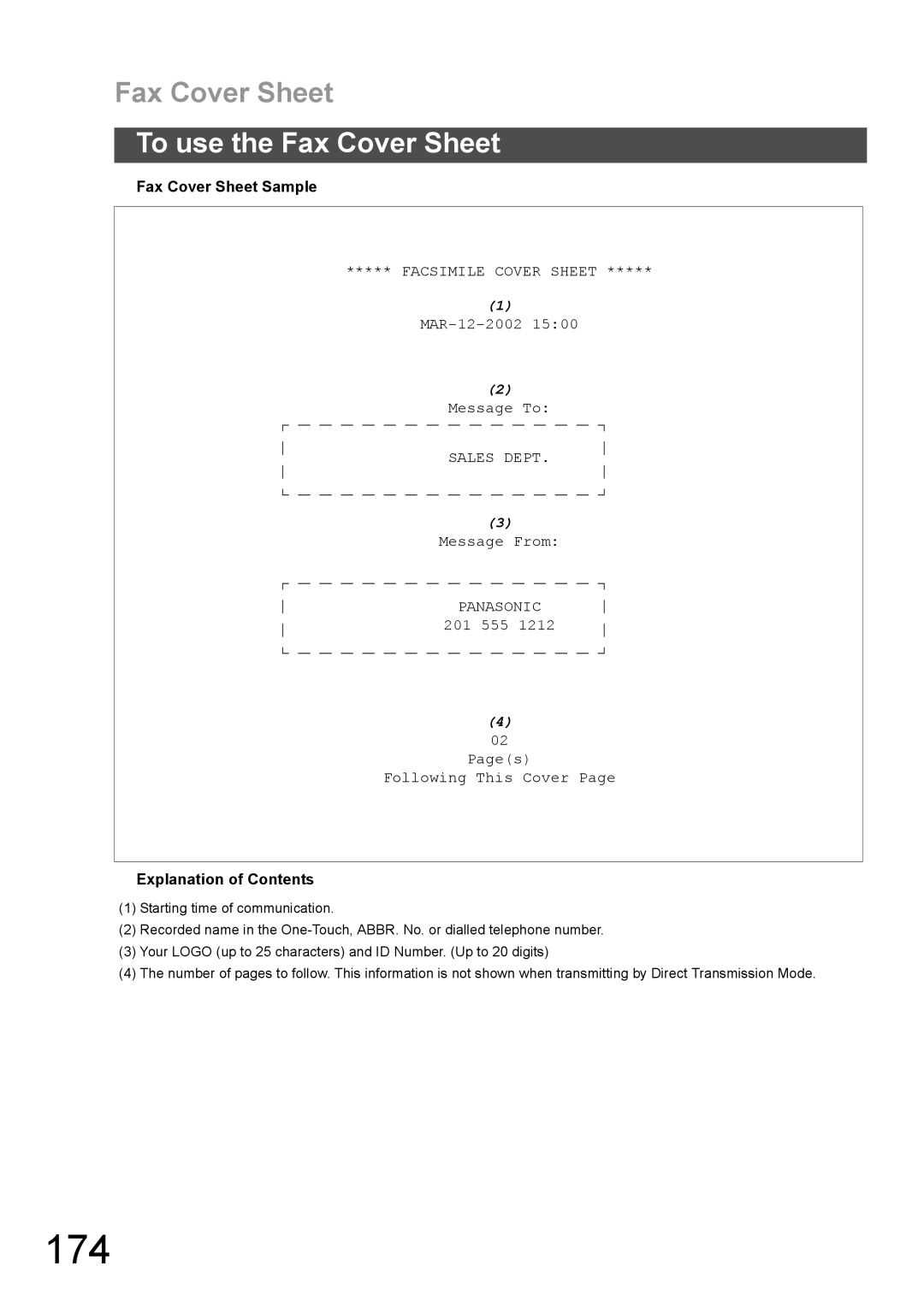 Panasonic DX-600 appendix 174, Fax Cover Sheet Sample 