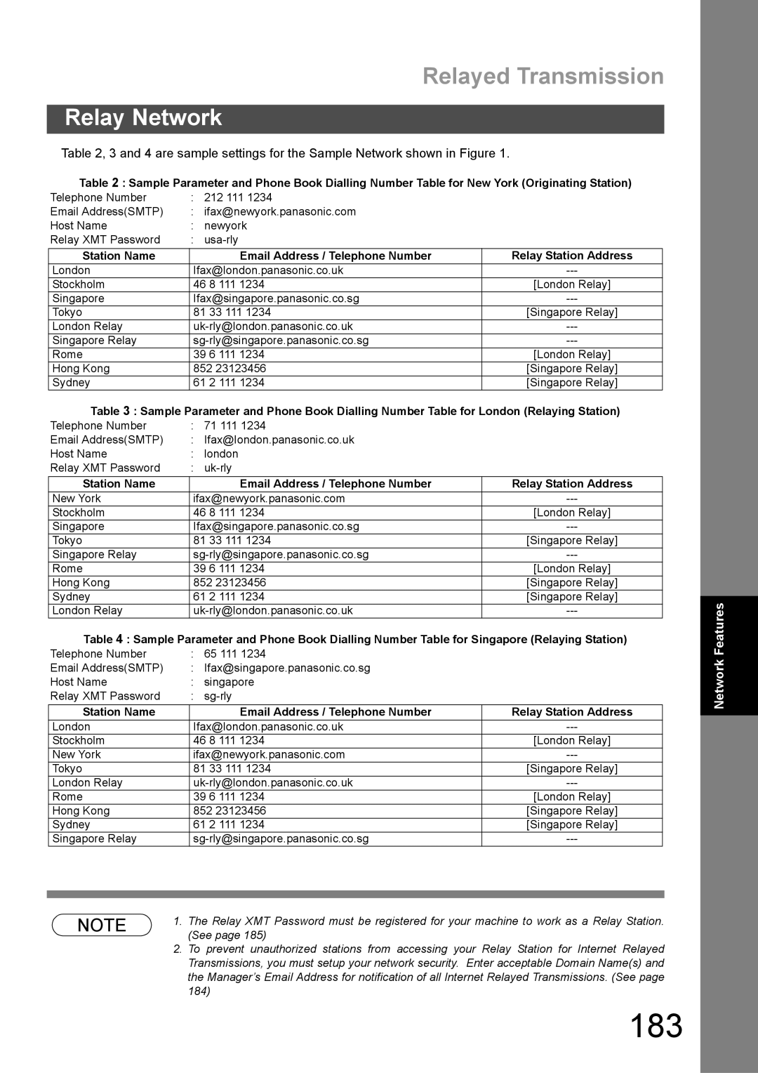 Panasonic DX-600 appendix 183, are sample settings for the Sample Network shown in Figure 