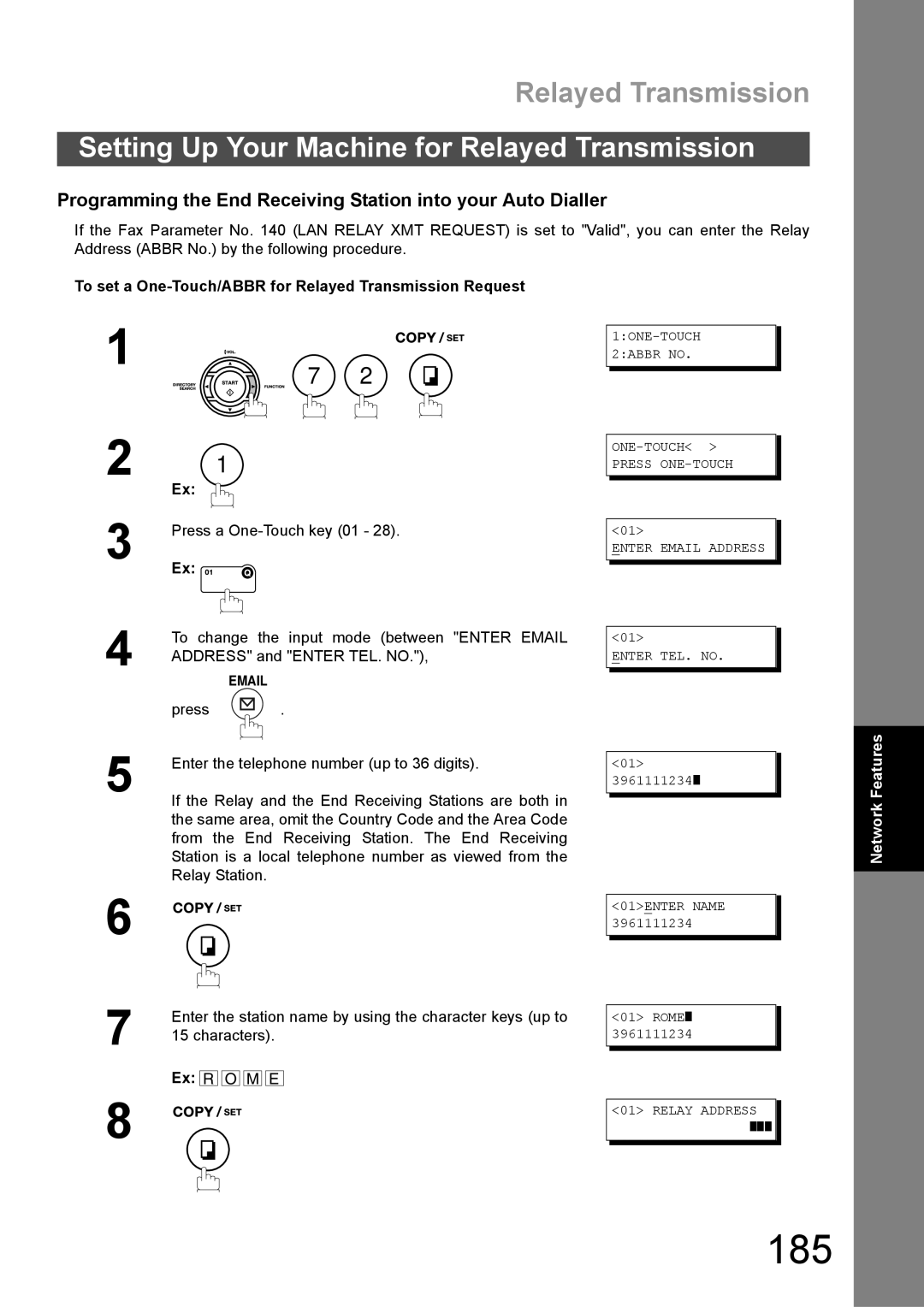 Panasonic DX-600 appendix 185, Setting Up Your Machine for Relayed Transmission, Relay Address 