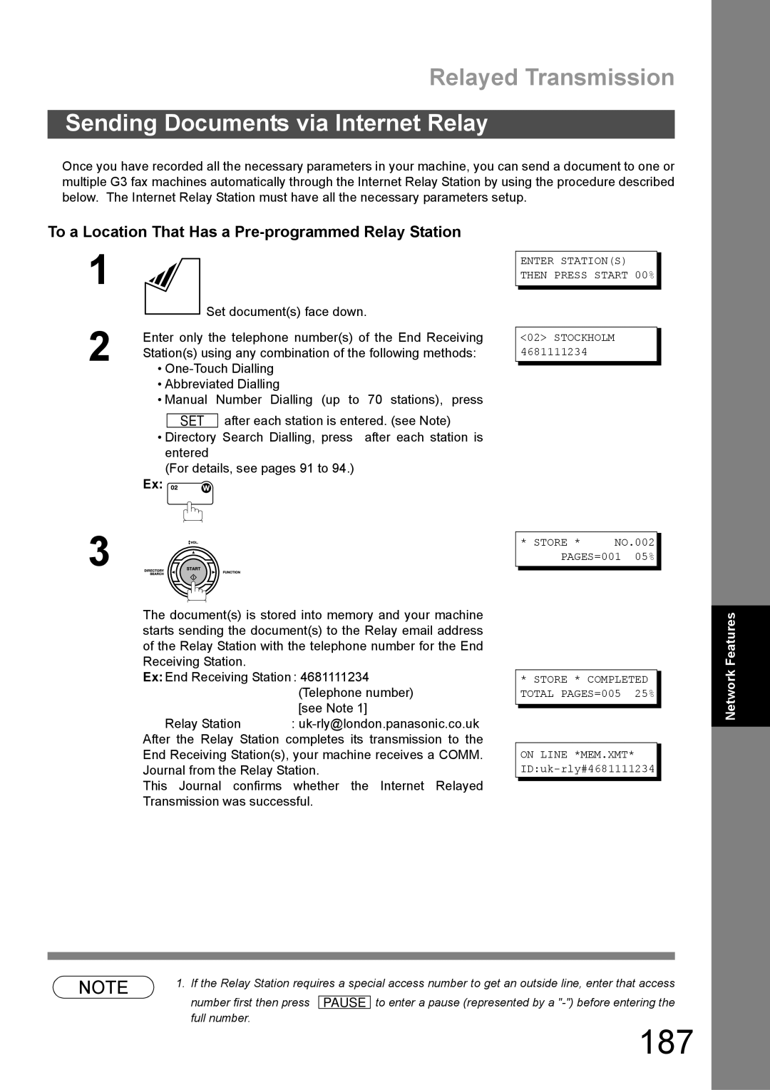 Panasonic DX-600 appendix 187, Sending Documents via Internet Relay, To a Location That Has a Pre-programmed Relay Station 