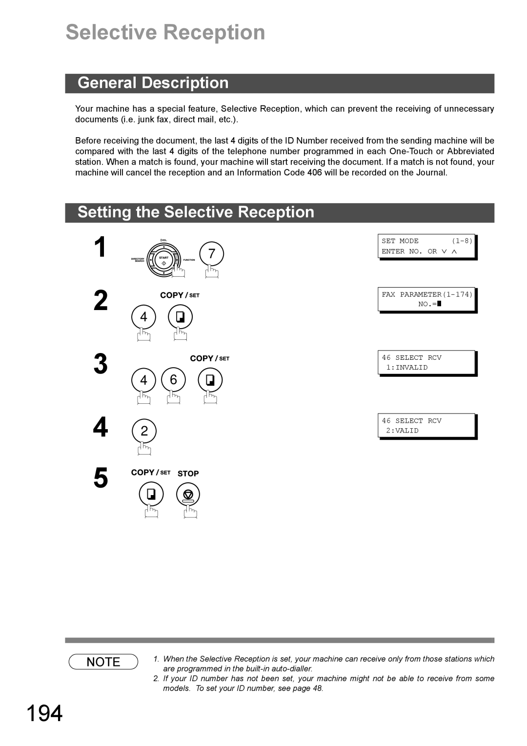 Panasonic DX-600 appendix 194, Setting the Selective Reception, Select RCV 1INVALID Select RCV 2VALID 