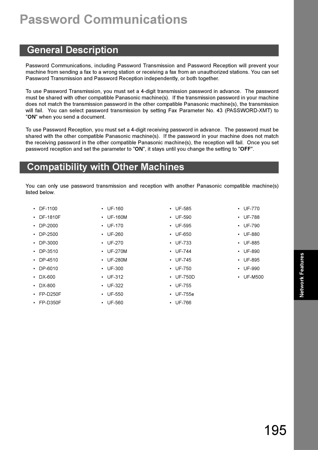 Panasonic DX-600 appendix 195, Password Communications, Compatibility with Other Machines 