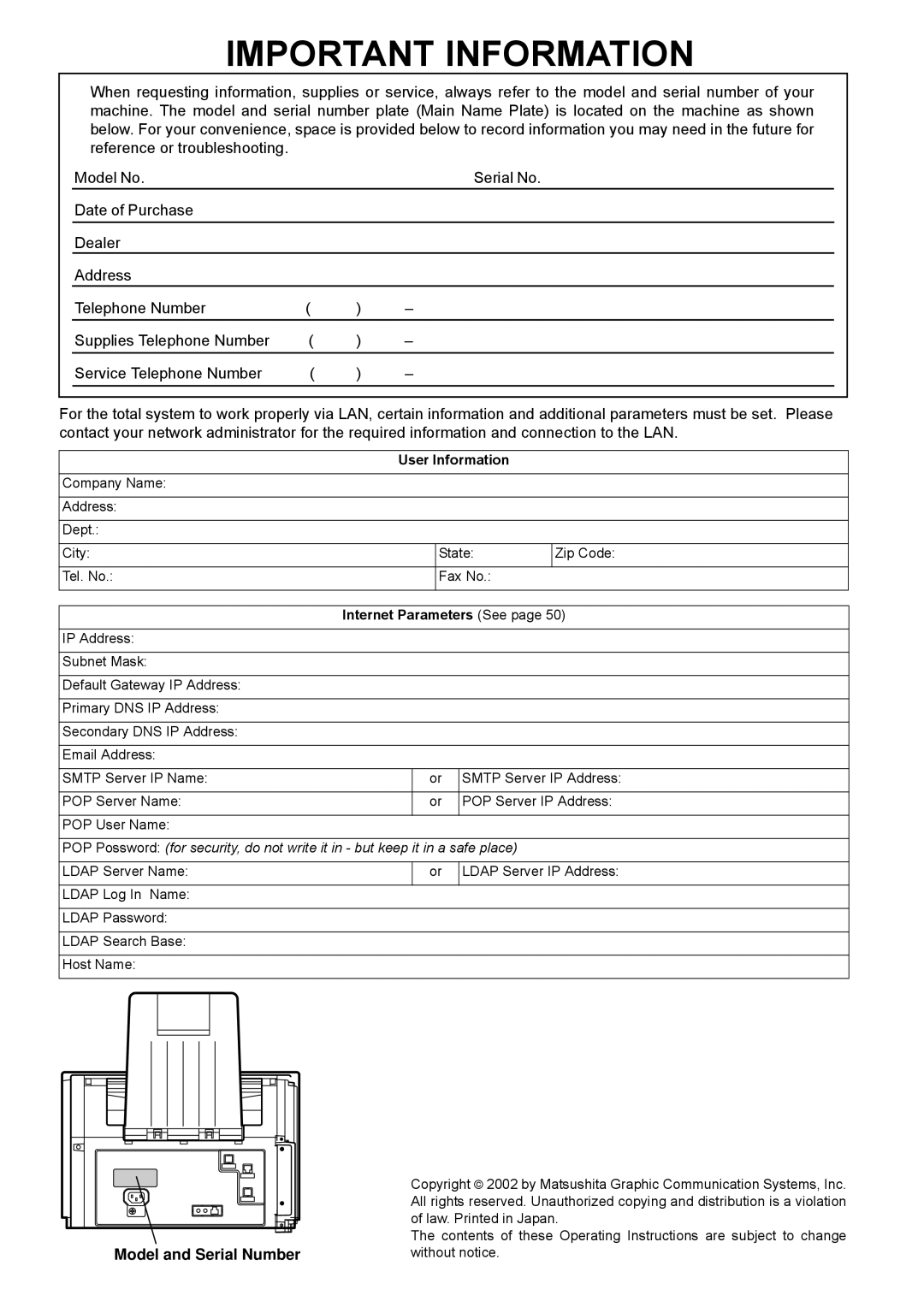 Panasonic DX-600 appendix User Information, Internet Parameters See 