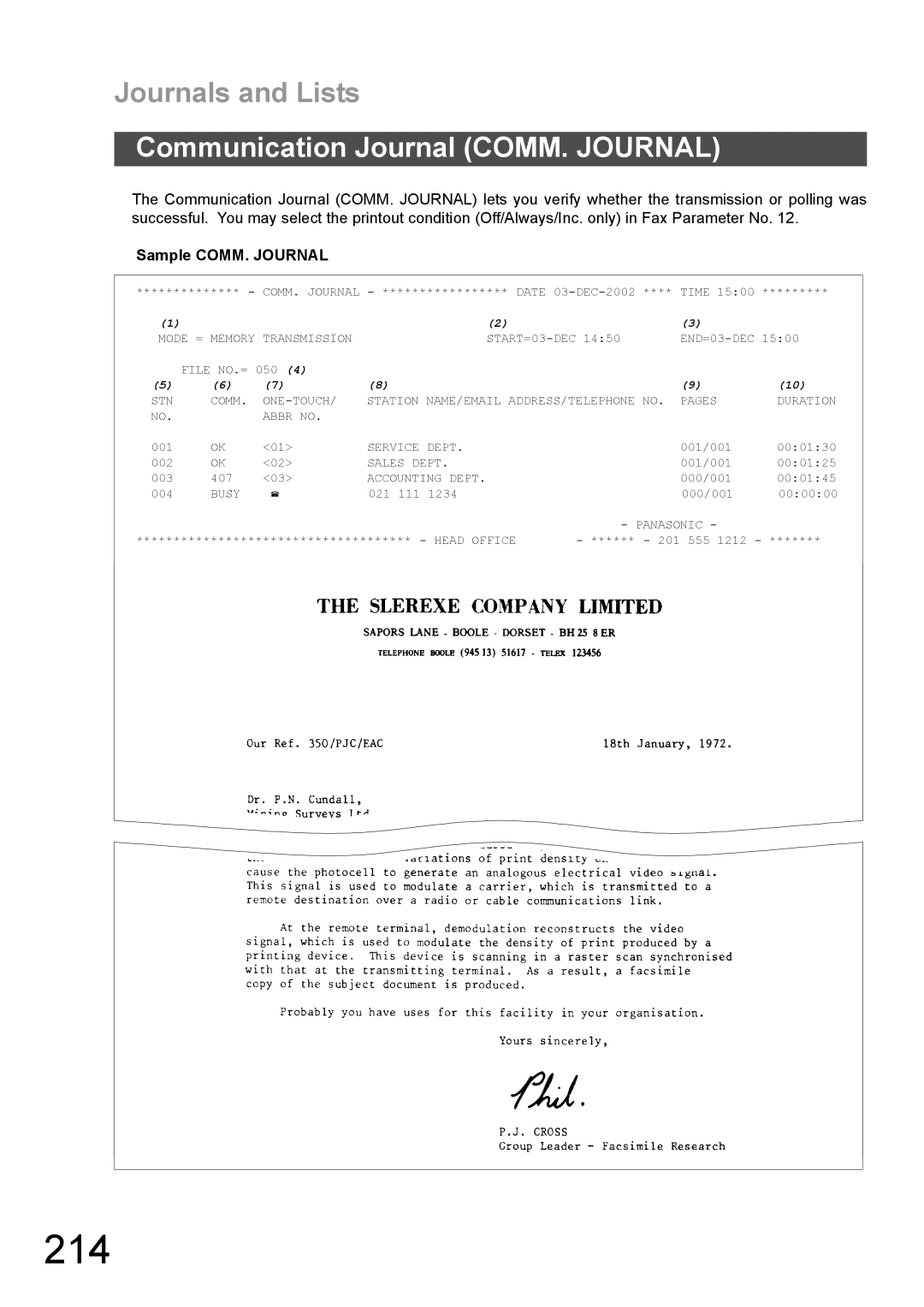 Panasonic DX-600 appendix 214, Sample COMM. Journal 