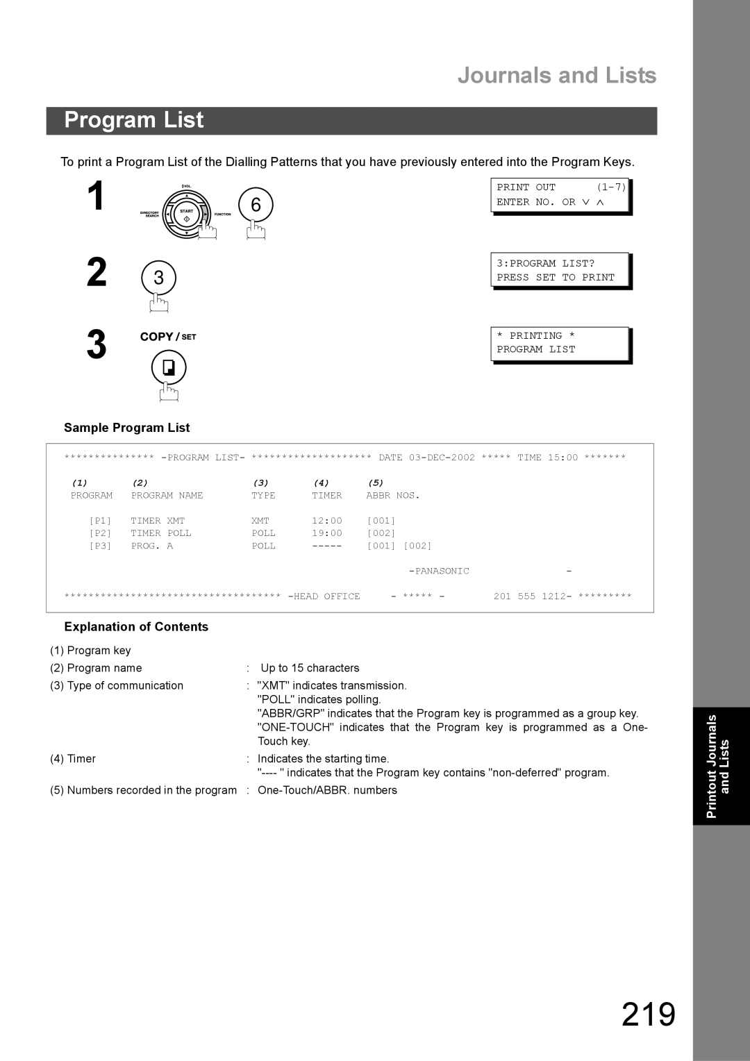 Panasonic DX-600 appendix 219, Sample Program List, 3PROGRAM LIST? Press SET to Print Printing Program List 