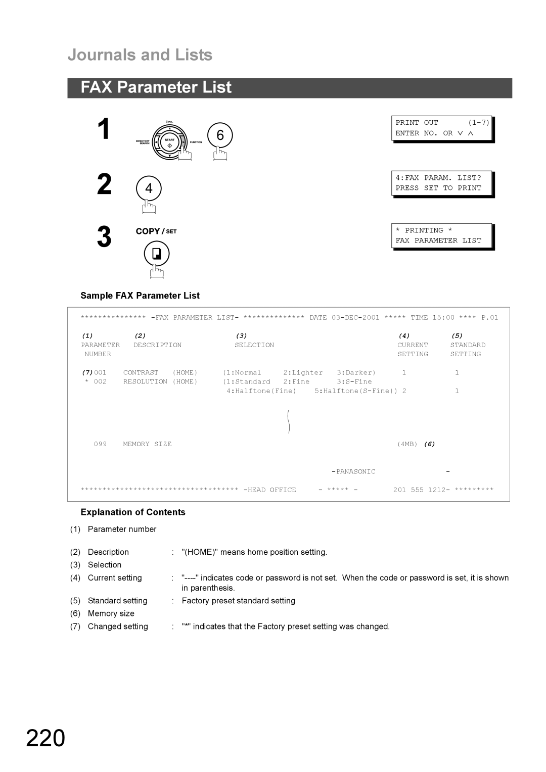 Panasonic DX-600 appendix 220, Sample FAX Parameter List 