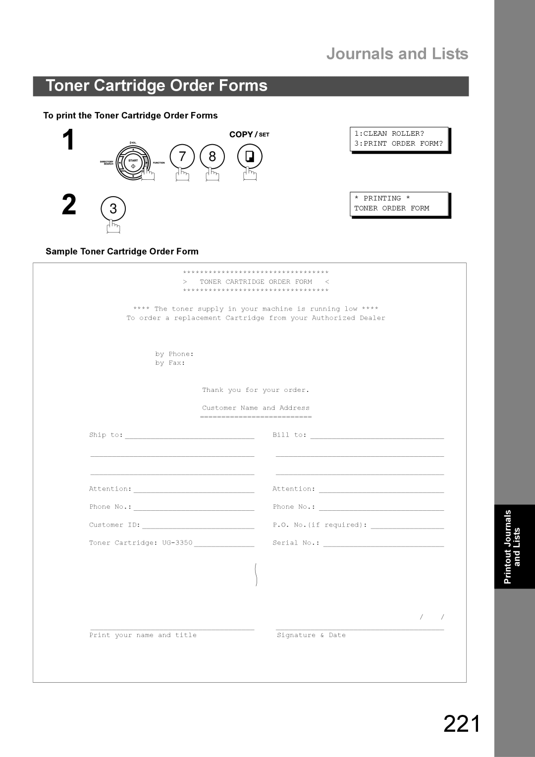 Panasonic DX-600 appendix 221, To print the Toner Cartridge Order Forms, Sample Toner Cartridge Order Form 